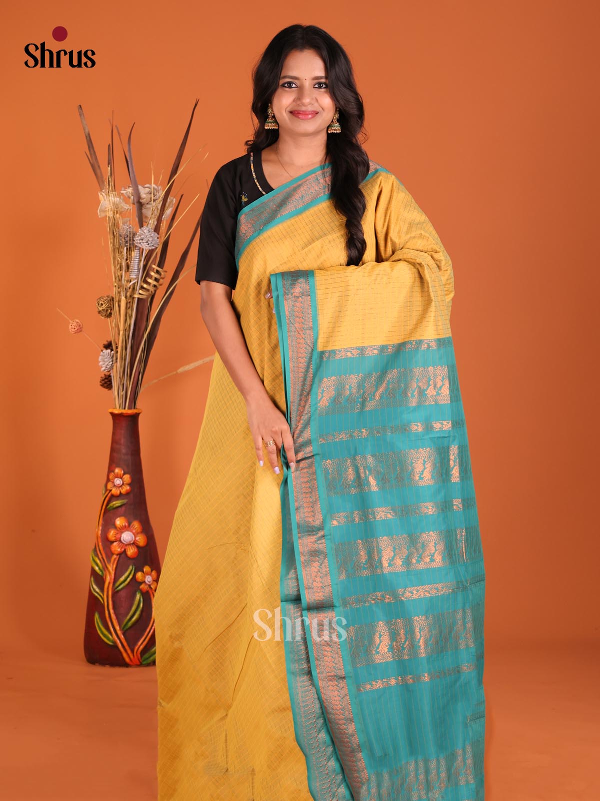 Yellow & Teal Blue - Kalyani Cotton Saree - Shop on Shrus.com