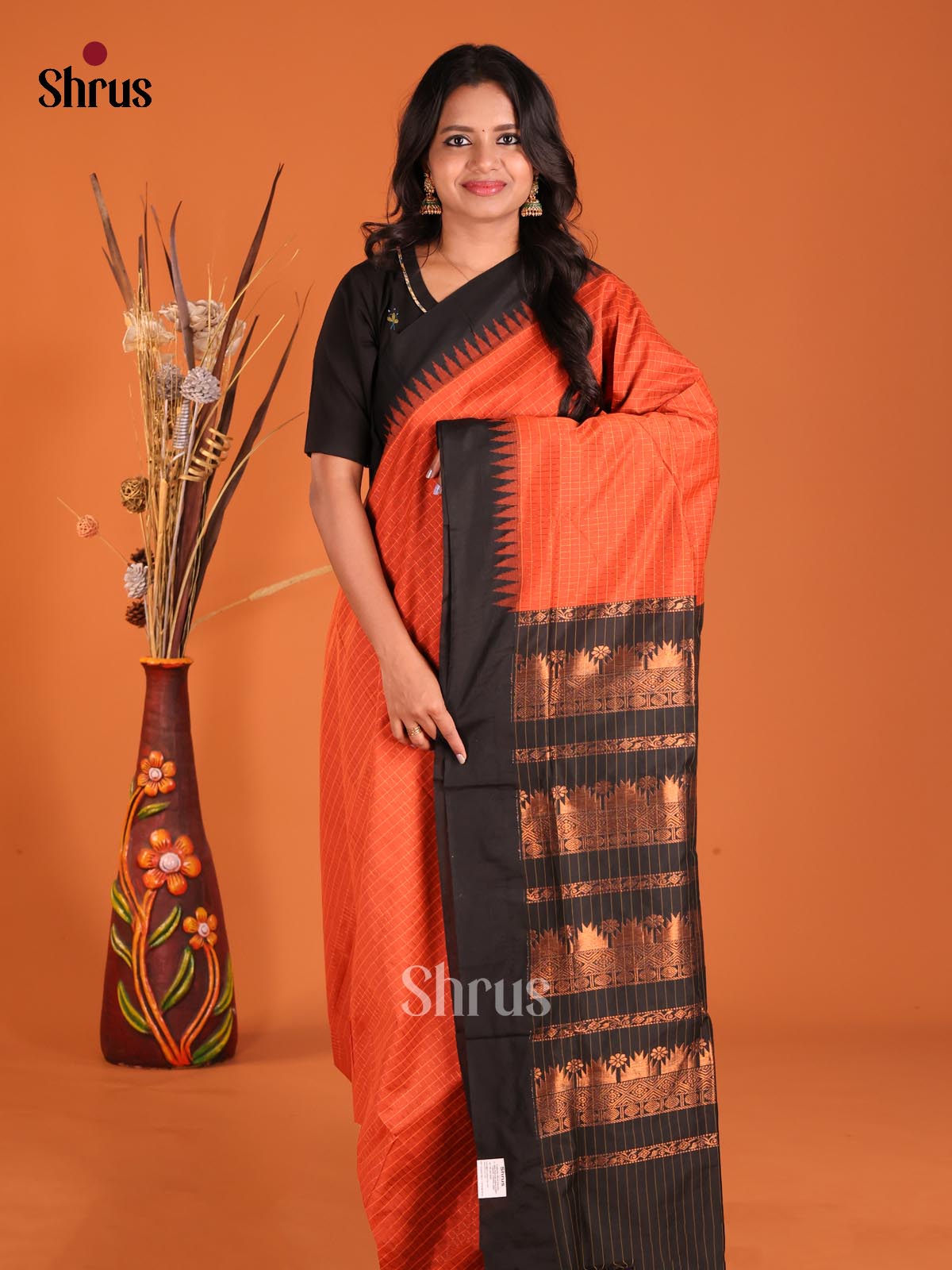 Orange & Black- Kalyani Cotton Saree - Shop on Shrus.com