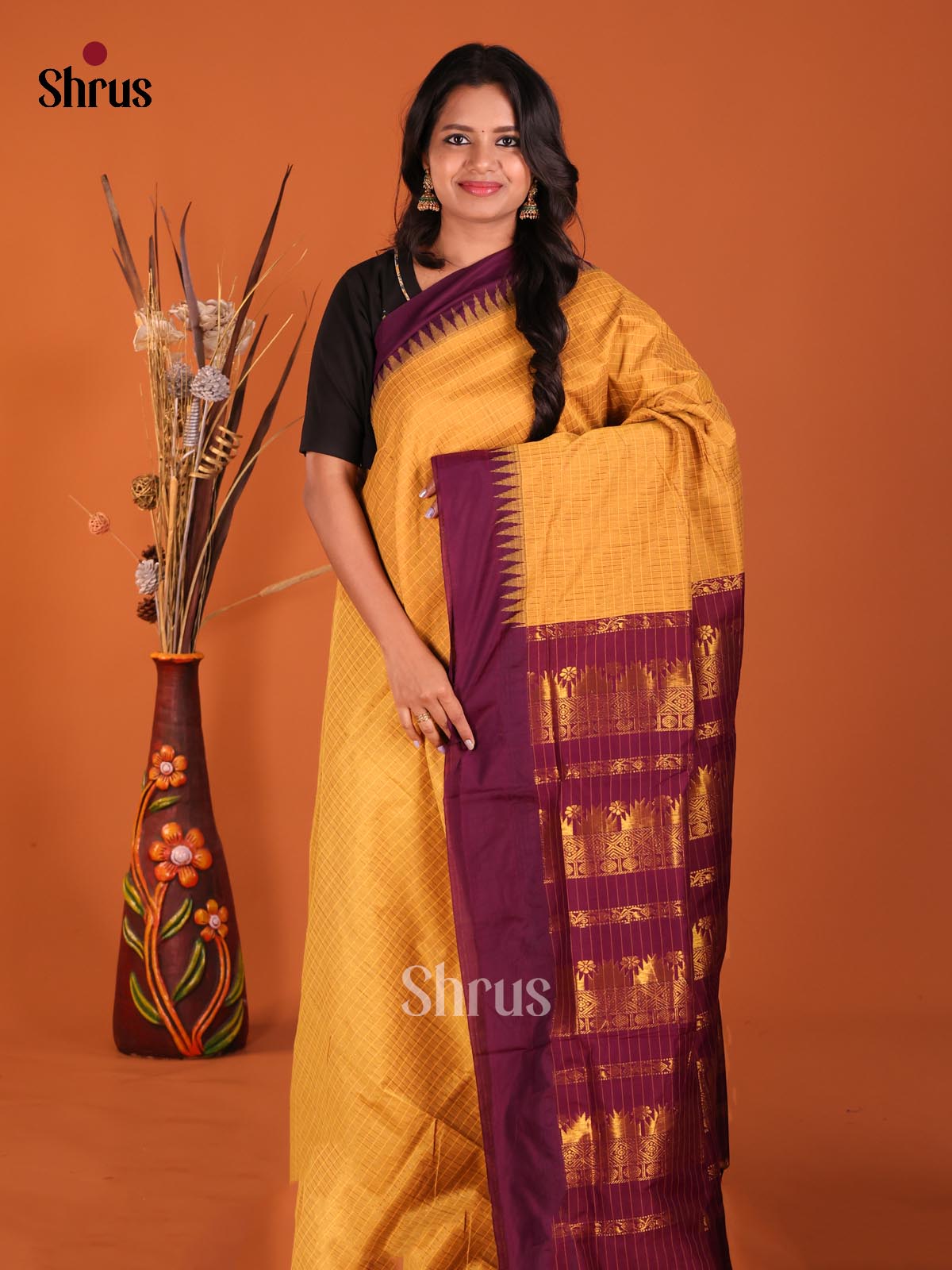 Mustard &  Maroon - Kalyani Cotton Saree - Shop on Shrus.com