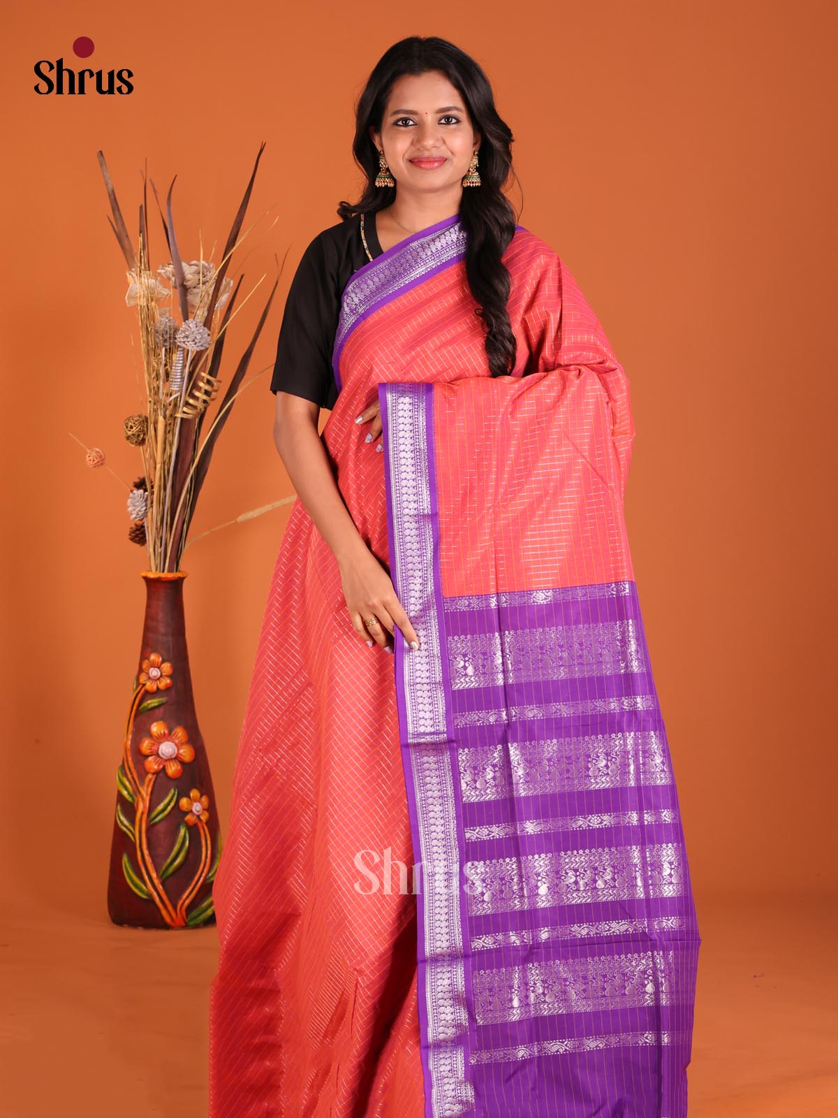 Pink & Purple- Kalyani Cotton Saree - Shop on Shrus.com