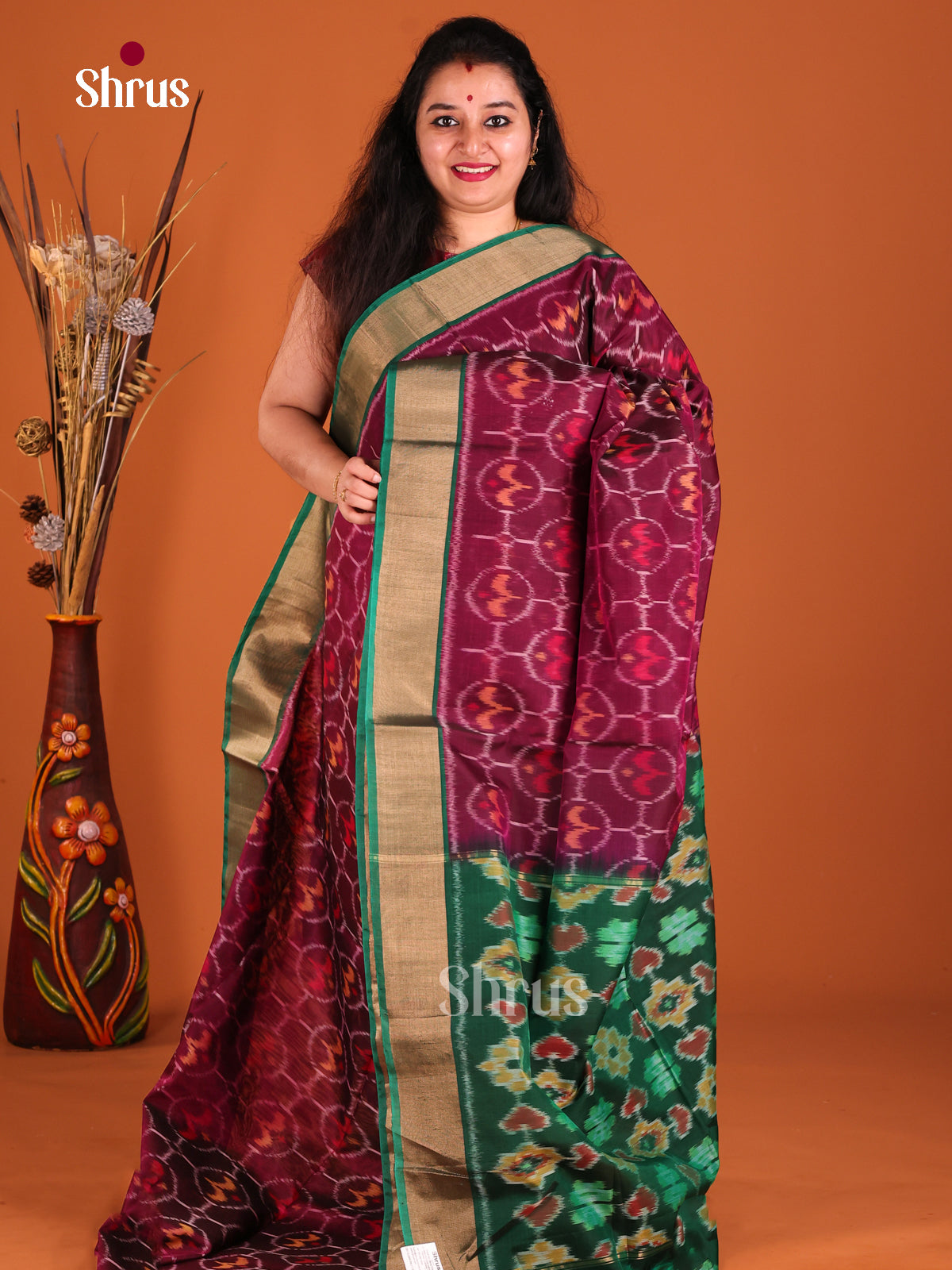 Maroon & Green- Pochampally sico Saree - Shop on Shrus.com