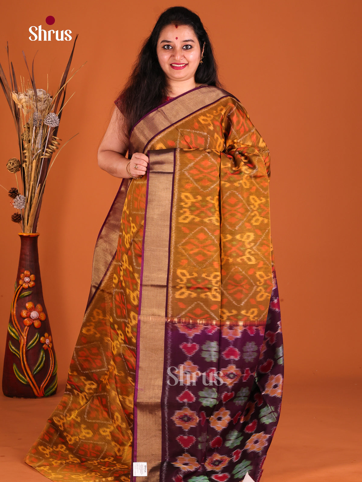 Mustard & Arakku Maroon- Pochampally sico Saree - Shop on Shrus.com
