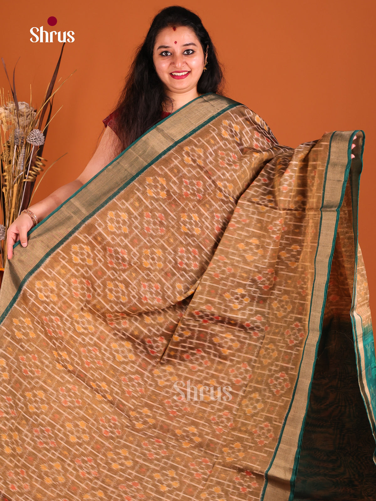 Light Brown & Green - Pochampally sico Saree - Shop on Shrus.com