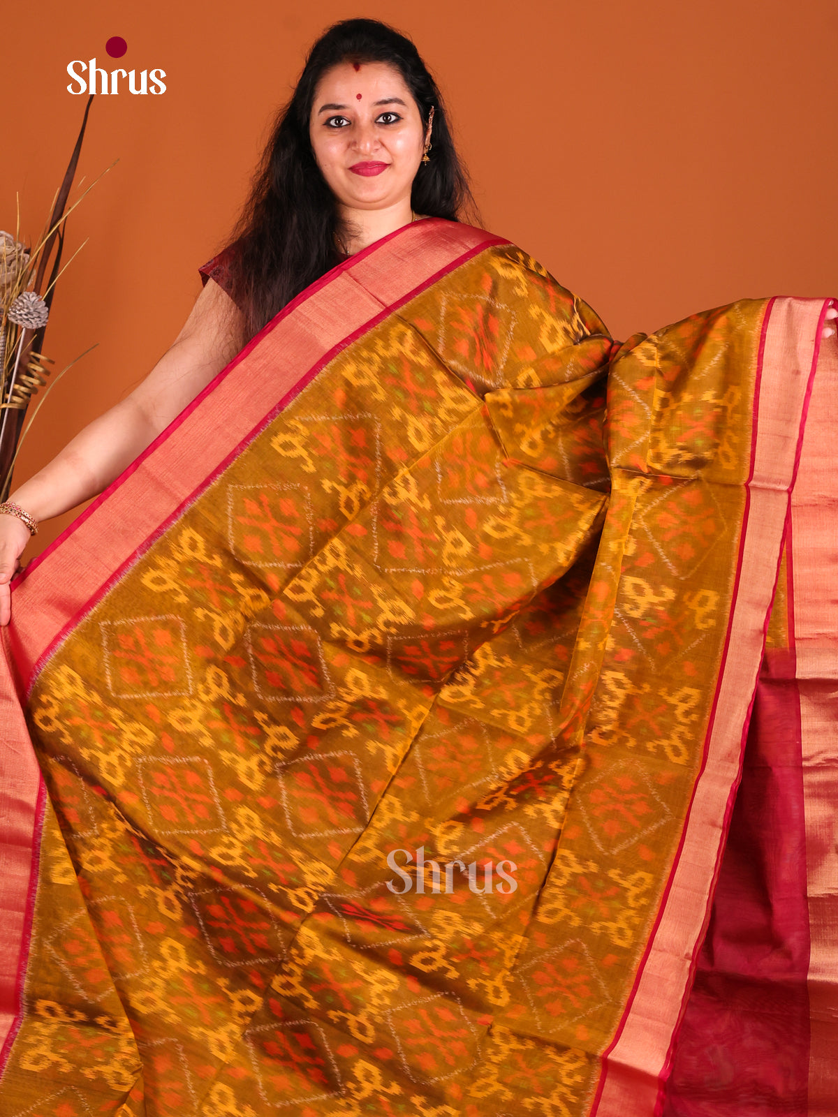 Mustard & Red - Pochampally sico Saree - Shop on Shrus.com