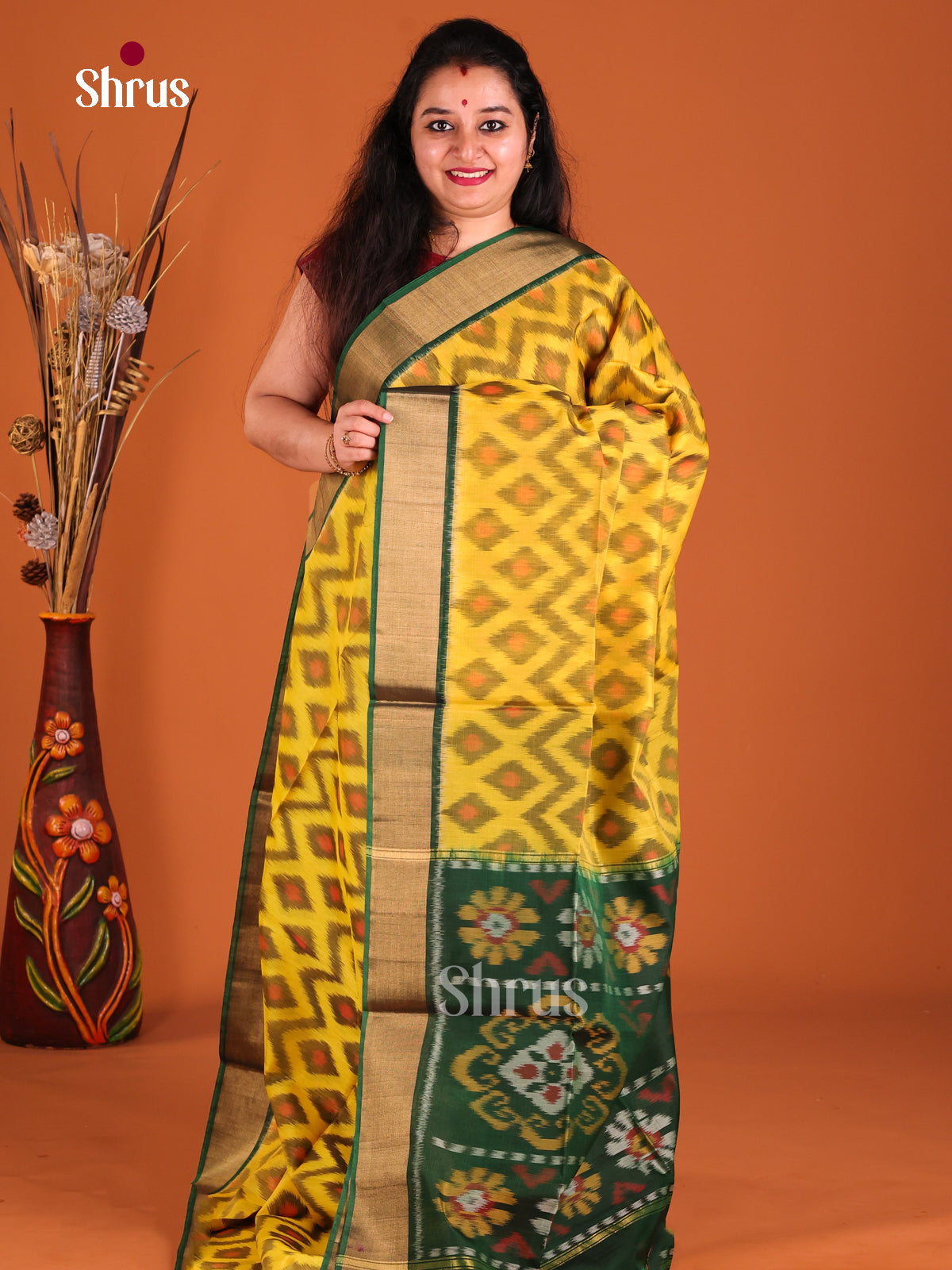 Yellow & Green - Pochampally sico Saree - Shop on Shrus.com