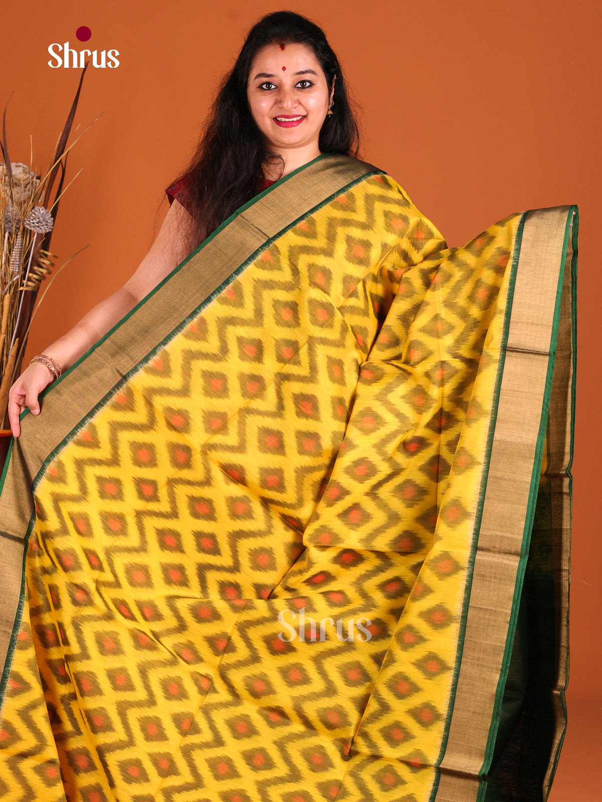 Yellow & Green - Pochampally sico Saree - Shop on Shrus.com