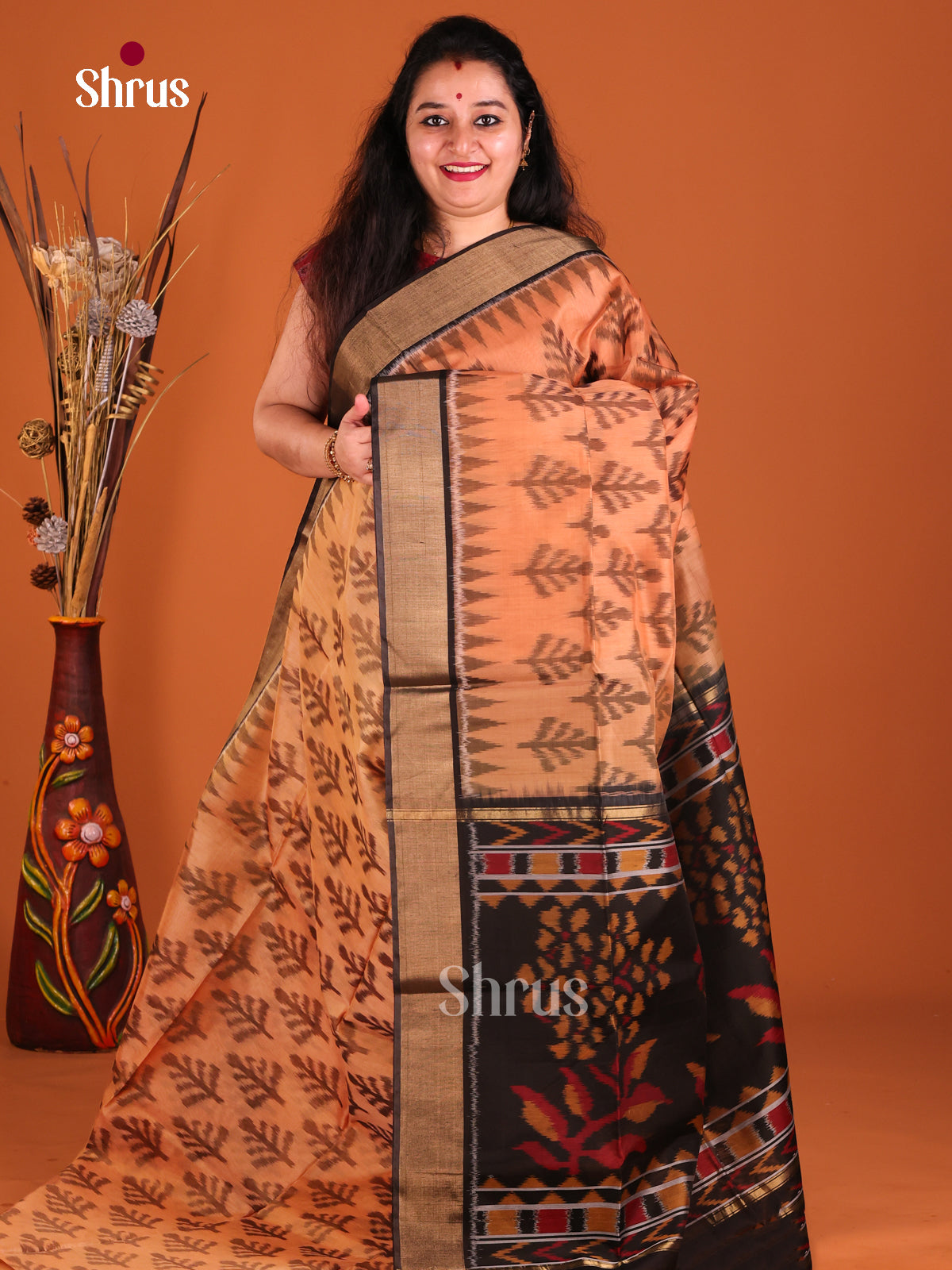 Peach & Black - Pochampally sico Saree - Shop on Shrus.com