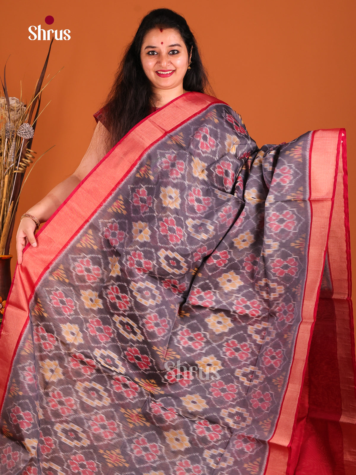 Grey & Red - Pochampally sico Saree - Shop on Shrus.com
