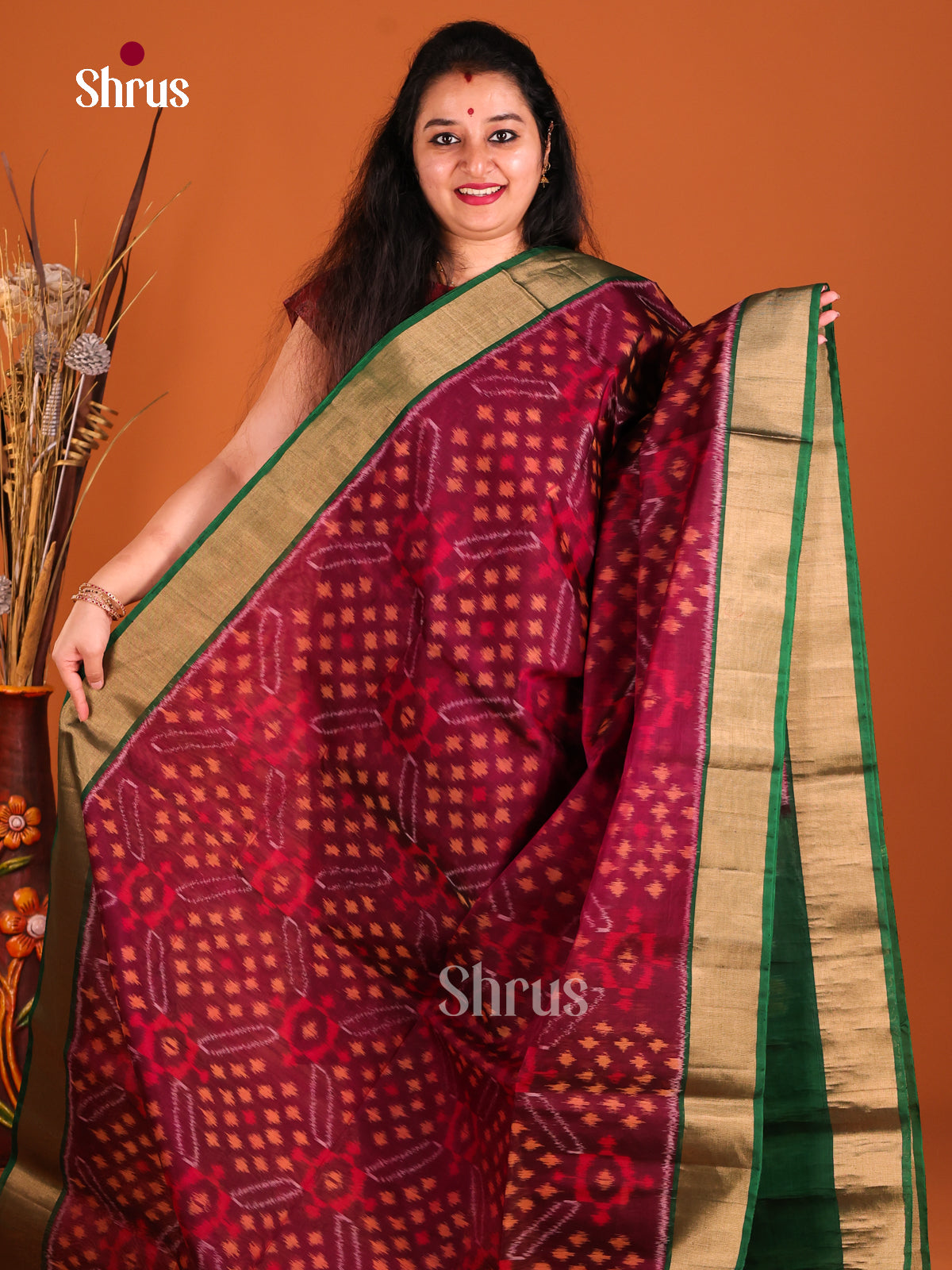 Maroon & Green - Pochampally sico Saree - Shop on Shrus.com