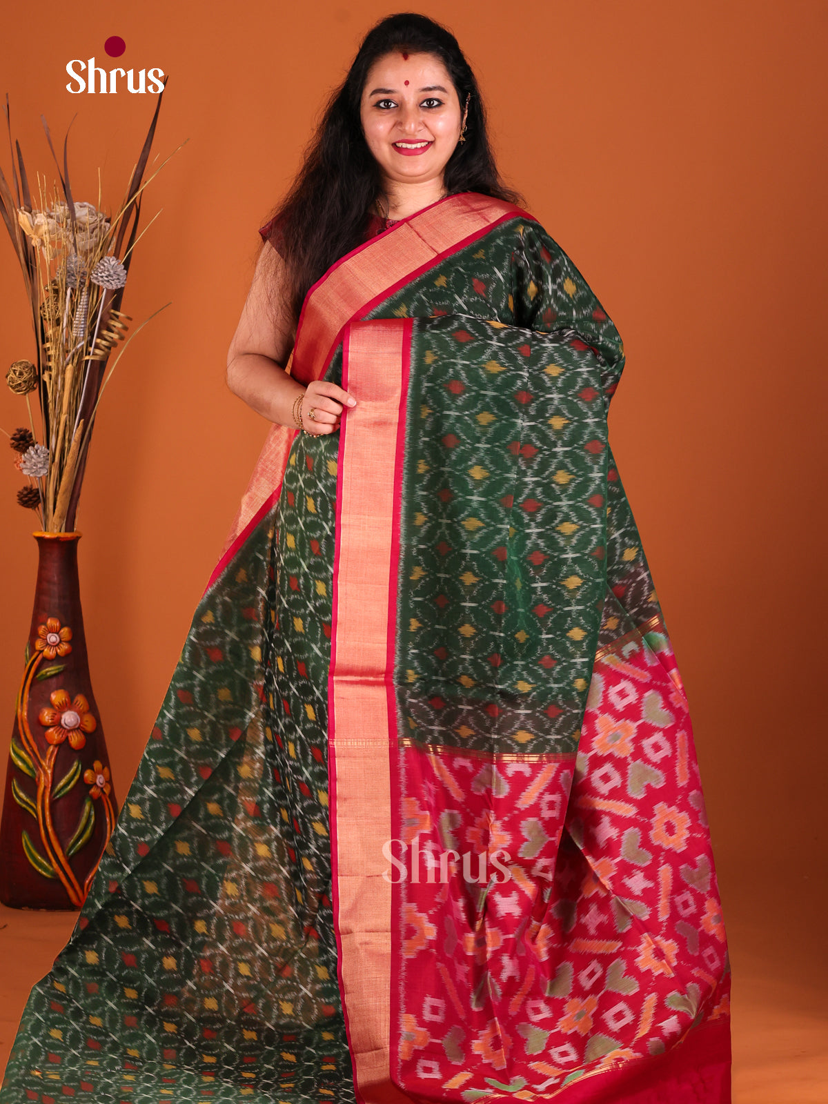 Green & Red - Pochampally sico Saree - Shop on Shrus.com