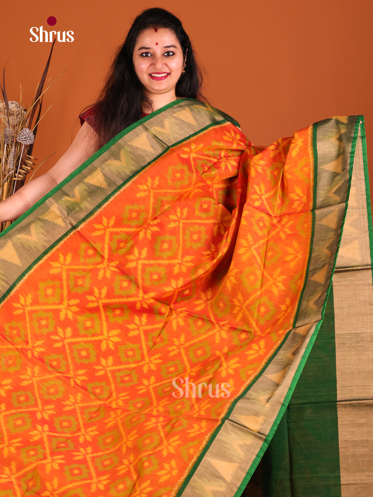 Orange & Green - Pochampally sico Saree - Shop on Shrus.com
