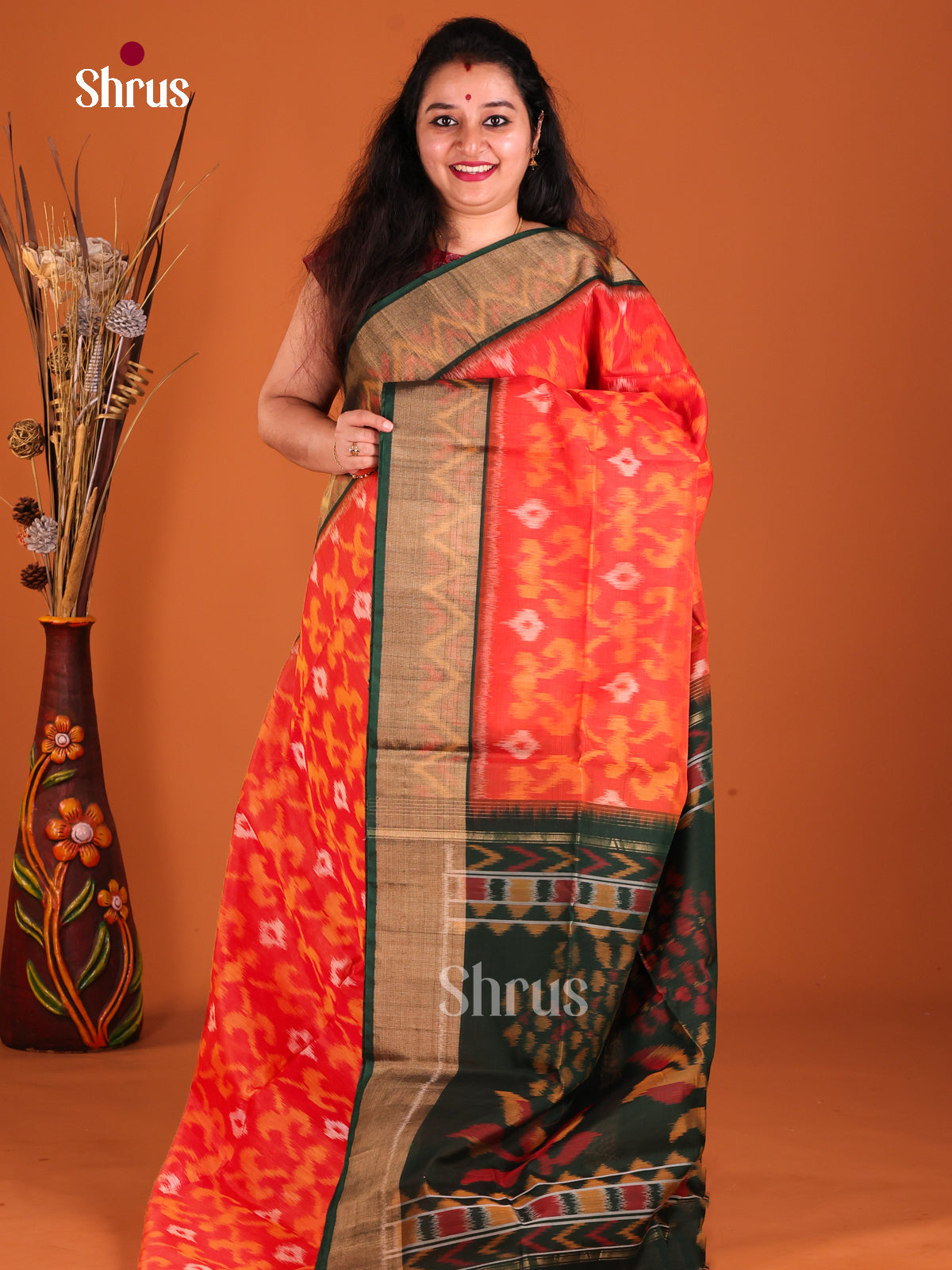Orange & Green - Pochampally sico Saree - Shop on Shrus.com