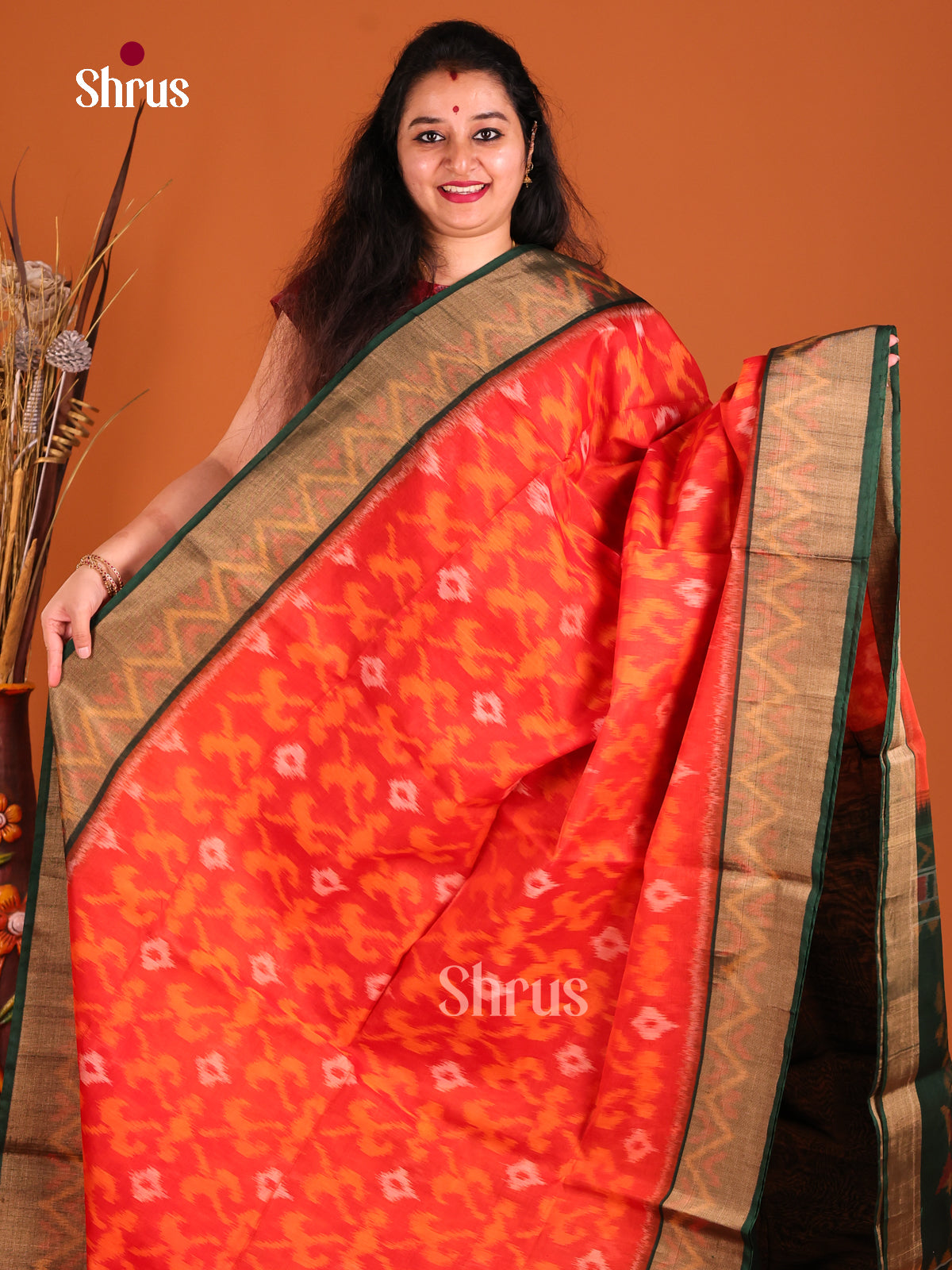 Orange & Green - Pochampally sico Saree - Shop on Shrus.com