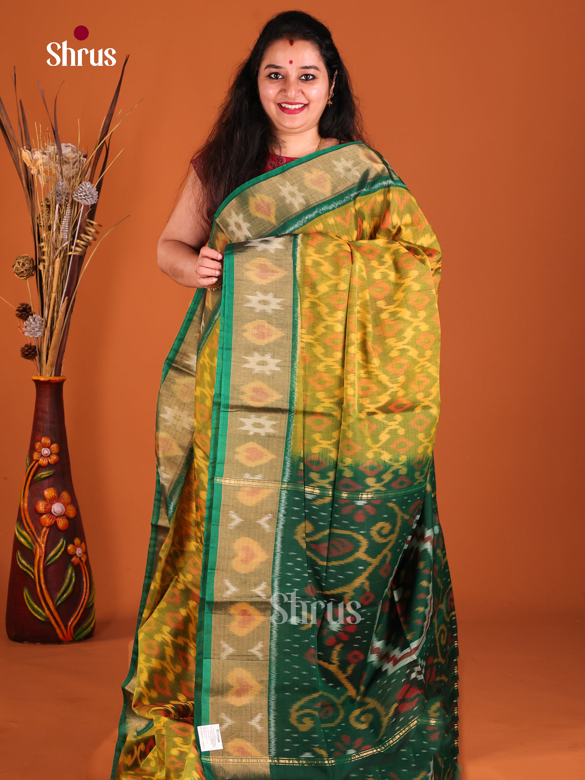 Mustardy Green & Green - Pochampally sico Saree - Shop on Shrus.com