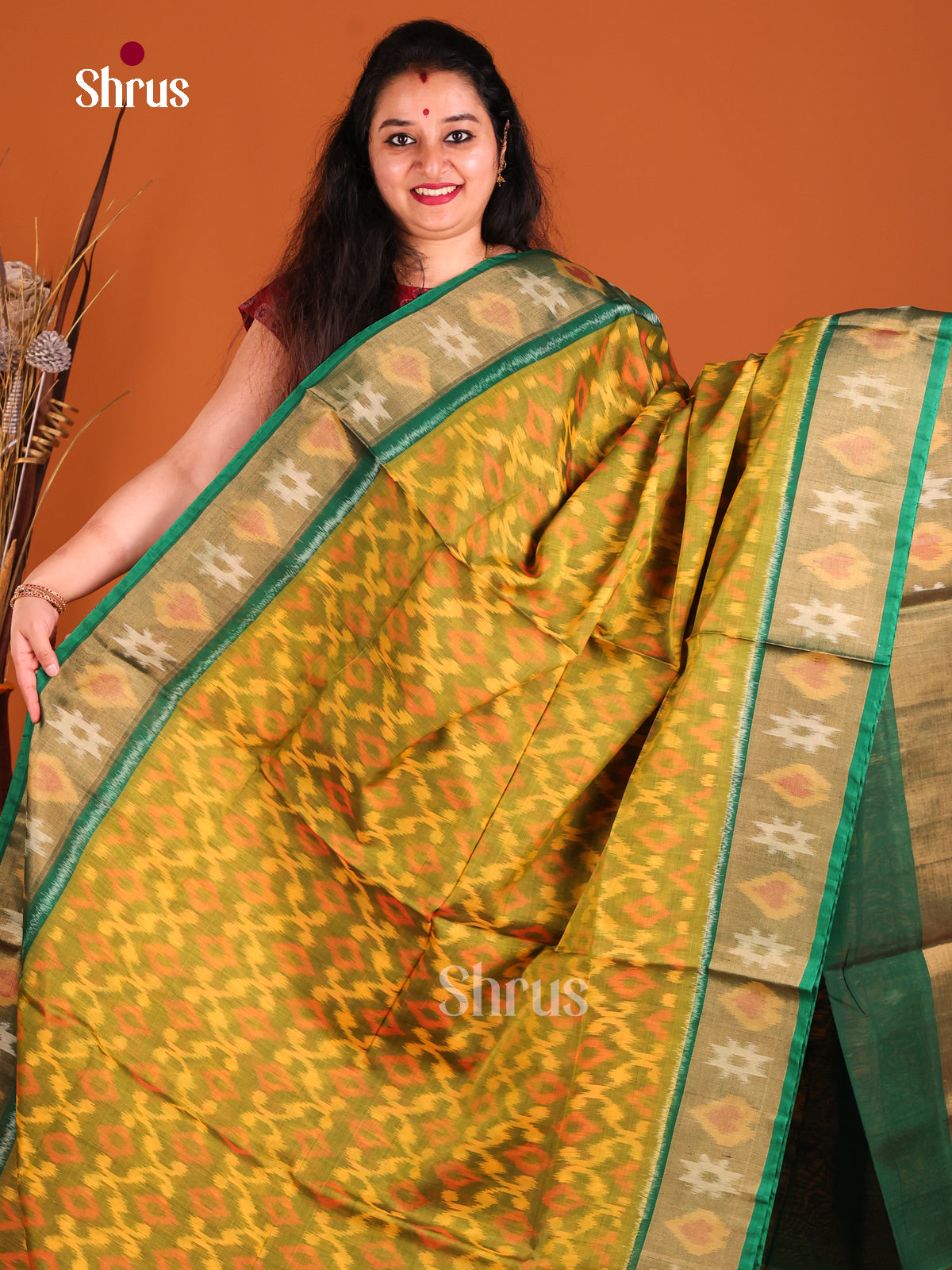 Mustardy Green & Green - Pochampally sico Saree - Shop on Shrus.com