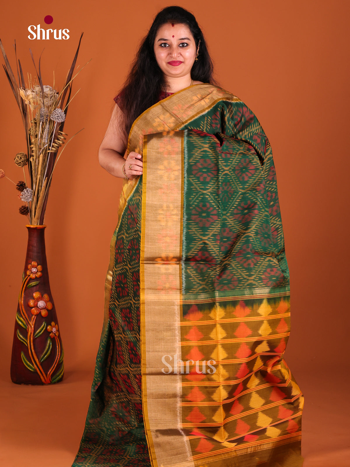 Green & Mustard - Pochampally sico Saree - Shop on Shrus.com
