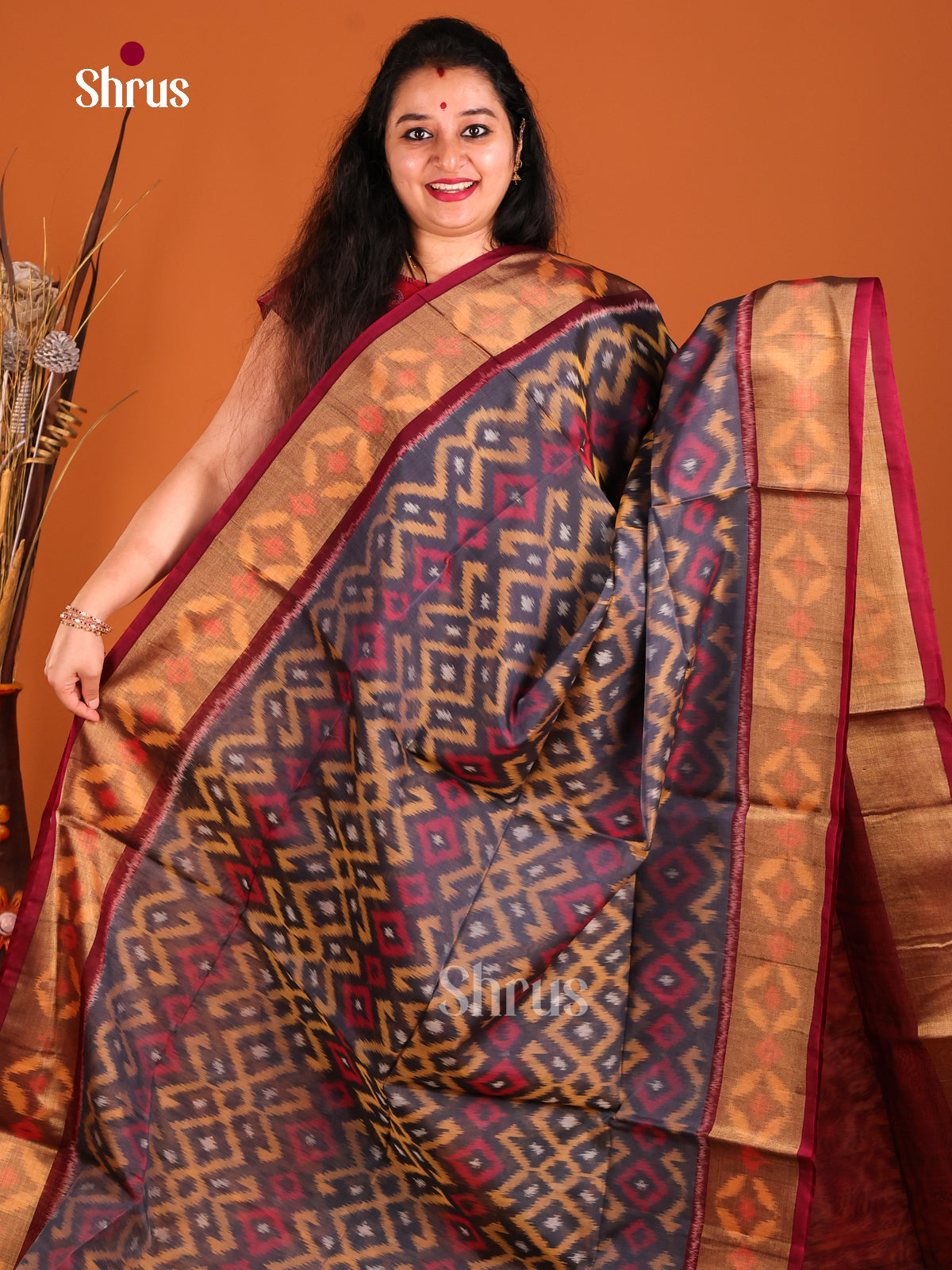 Elephant Grey & Maroon - Pochampally sico Saree - Shop on Shrus.com