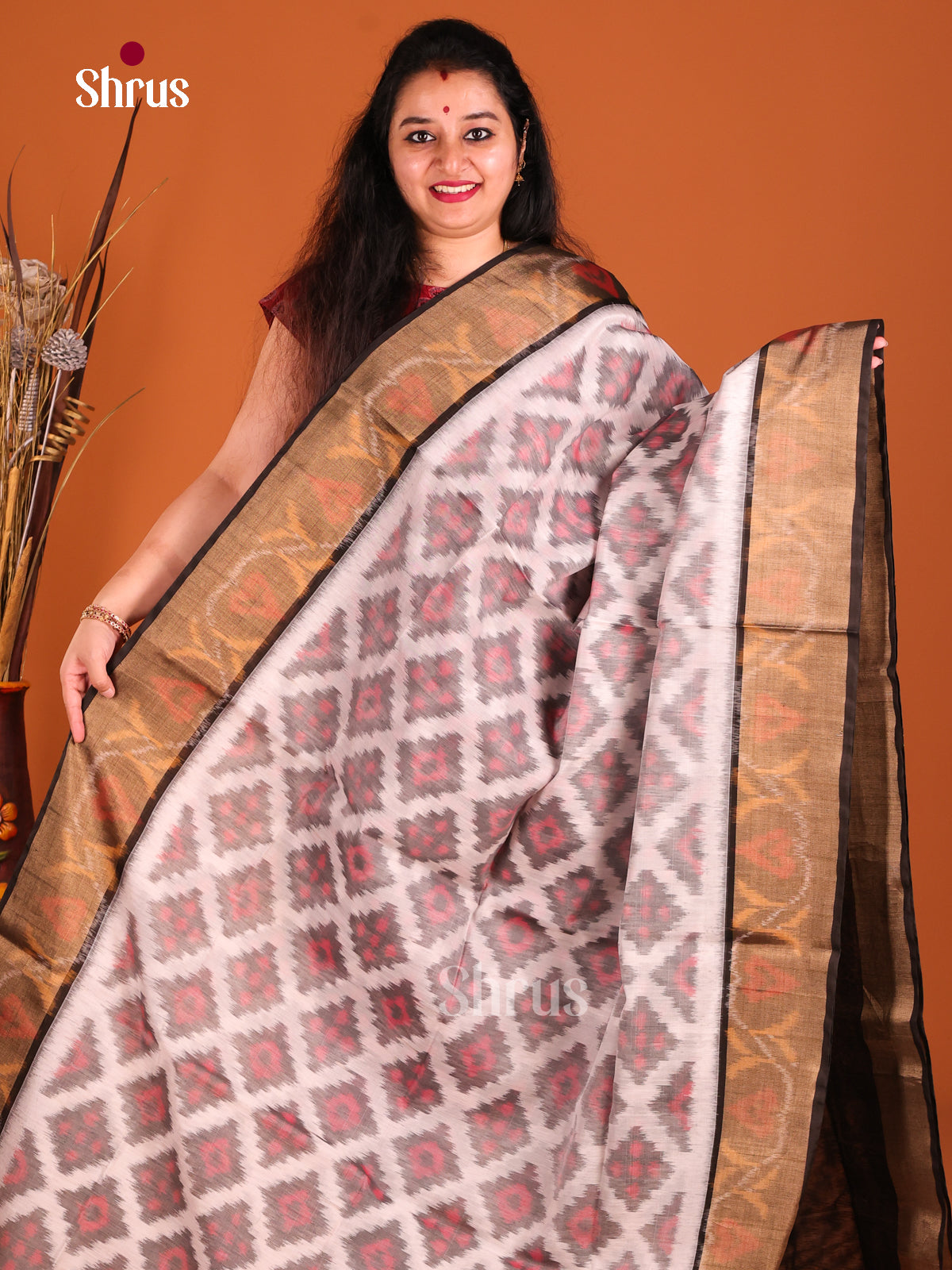 Cream & Black - Pochampally sico Saree