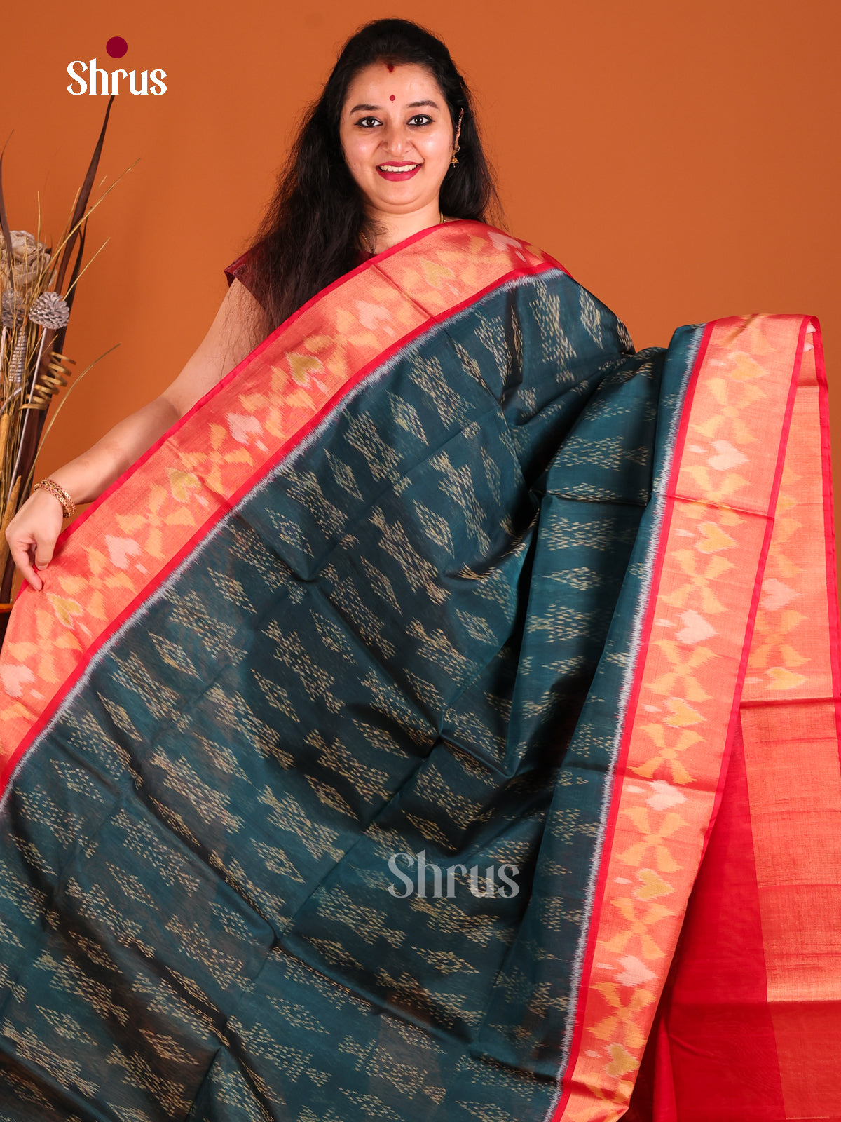 Peacock Green & Red - Pochampally sico Saree - Shop on Shrus.com
