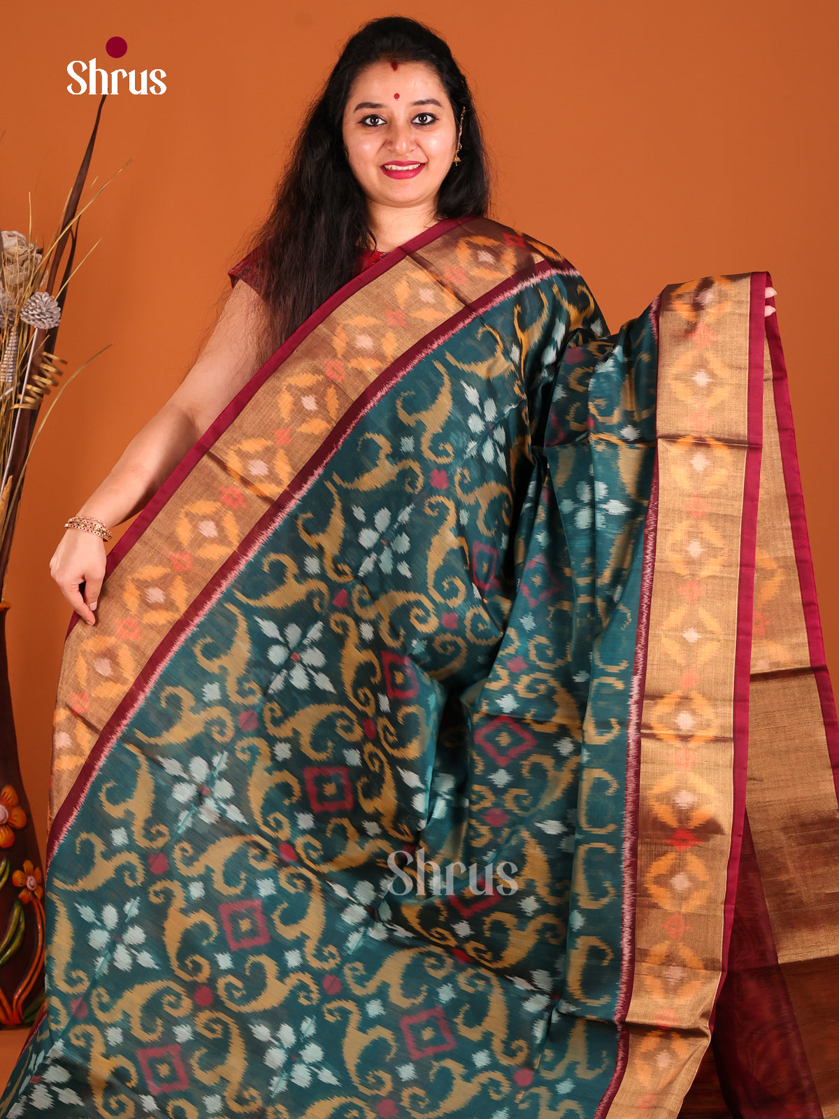 Peacock Green & Maroon - Pochampally sico Saree - Shop on Shrus.com