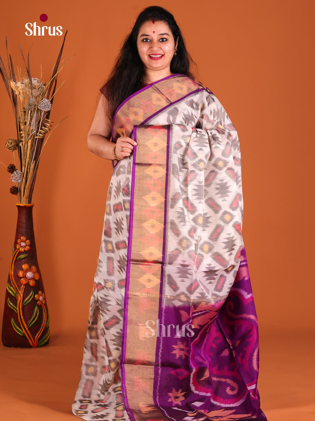 Cream & Purple - Pochampally sico Saree - Shop on Shrus.com