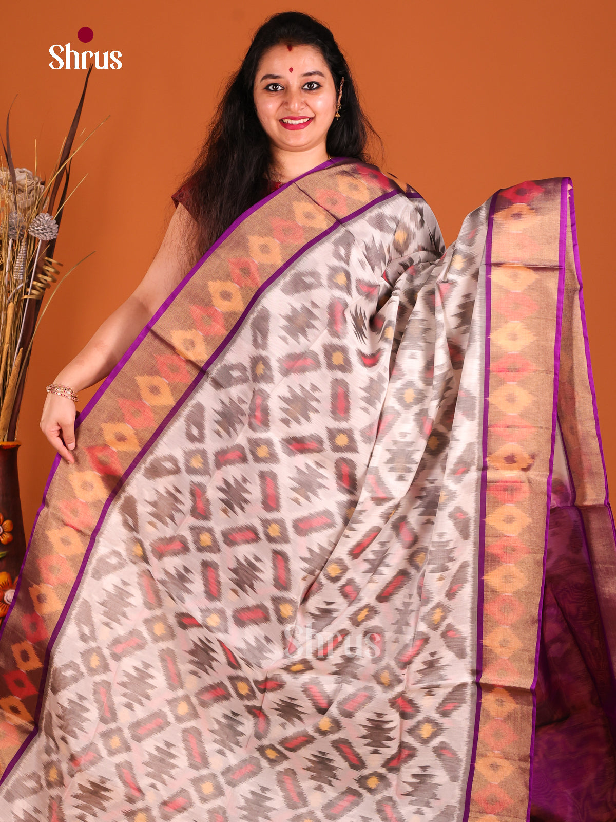 Cream & Purple - Pochampally sico Saree - Shop on Shrus.com