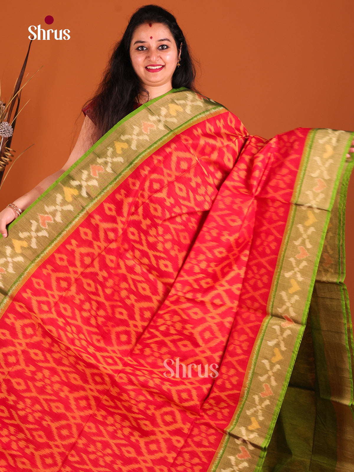 Red & Green - Pochampally sico Saree - Shop on Shrus.com