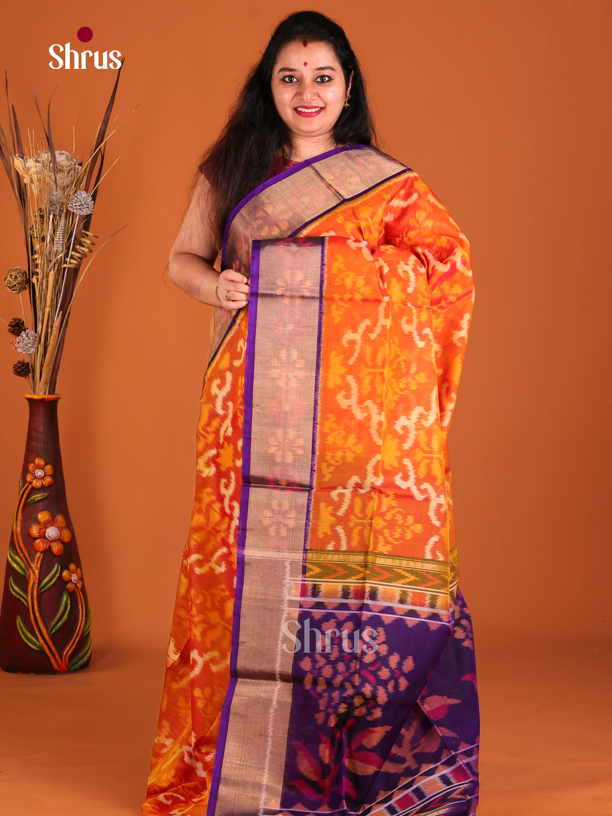 Orange & Violet- Pochampally sico Saree - Shop on Shrus.com