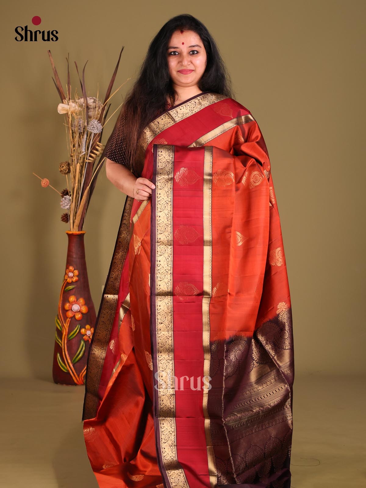Radiant Rust Soft Silk Saree with zari floral motifs & Red Rettaipet Border - Shop on Shrus.com