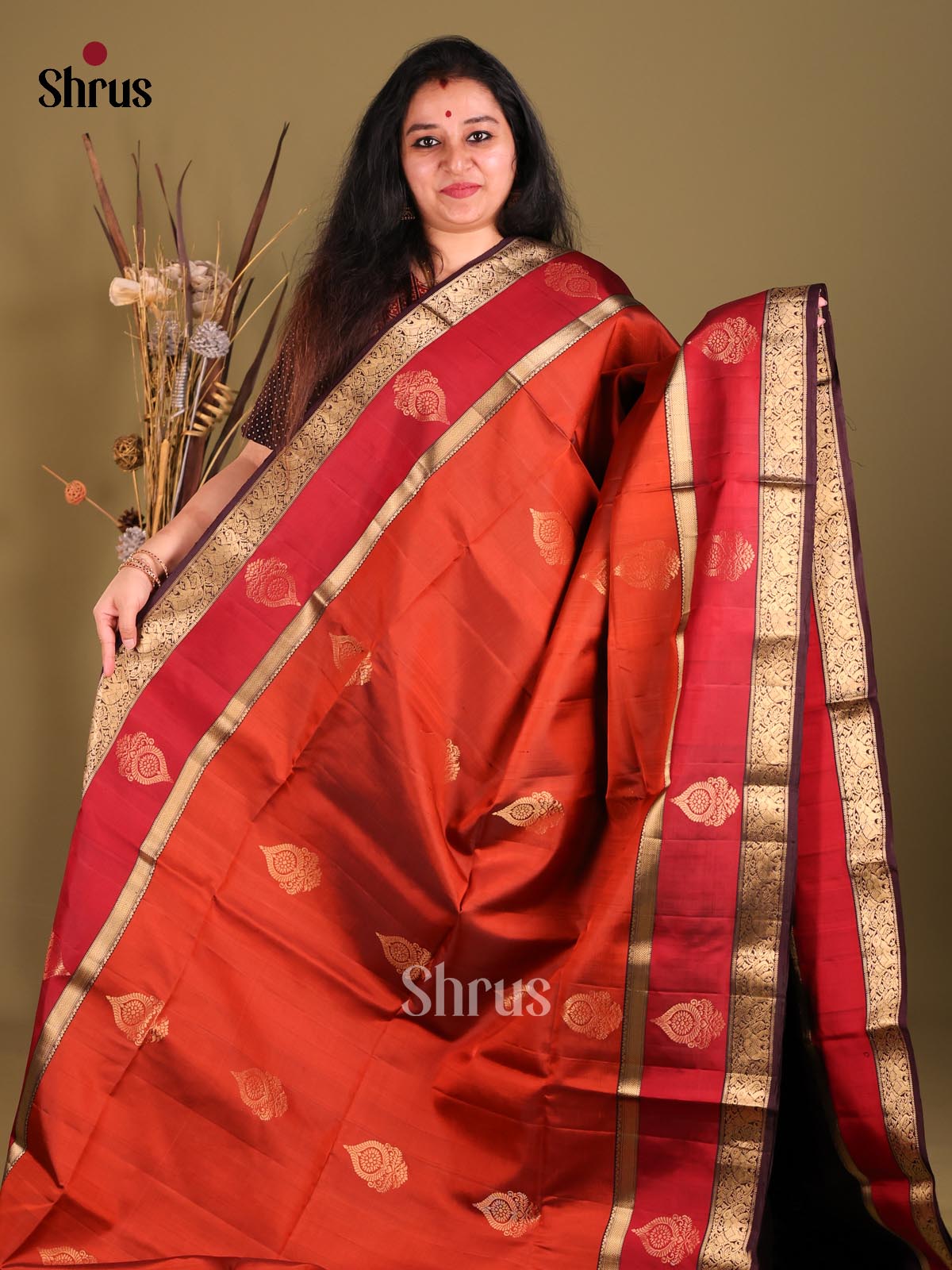 Radiant Rust Soft Silk Saree with zari floral motifs & Red Rettaipet Border - Shop on Shrus.com