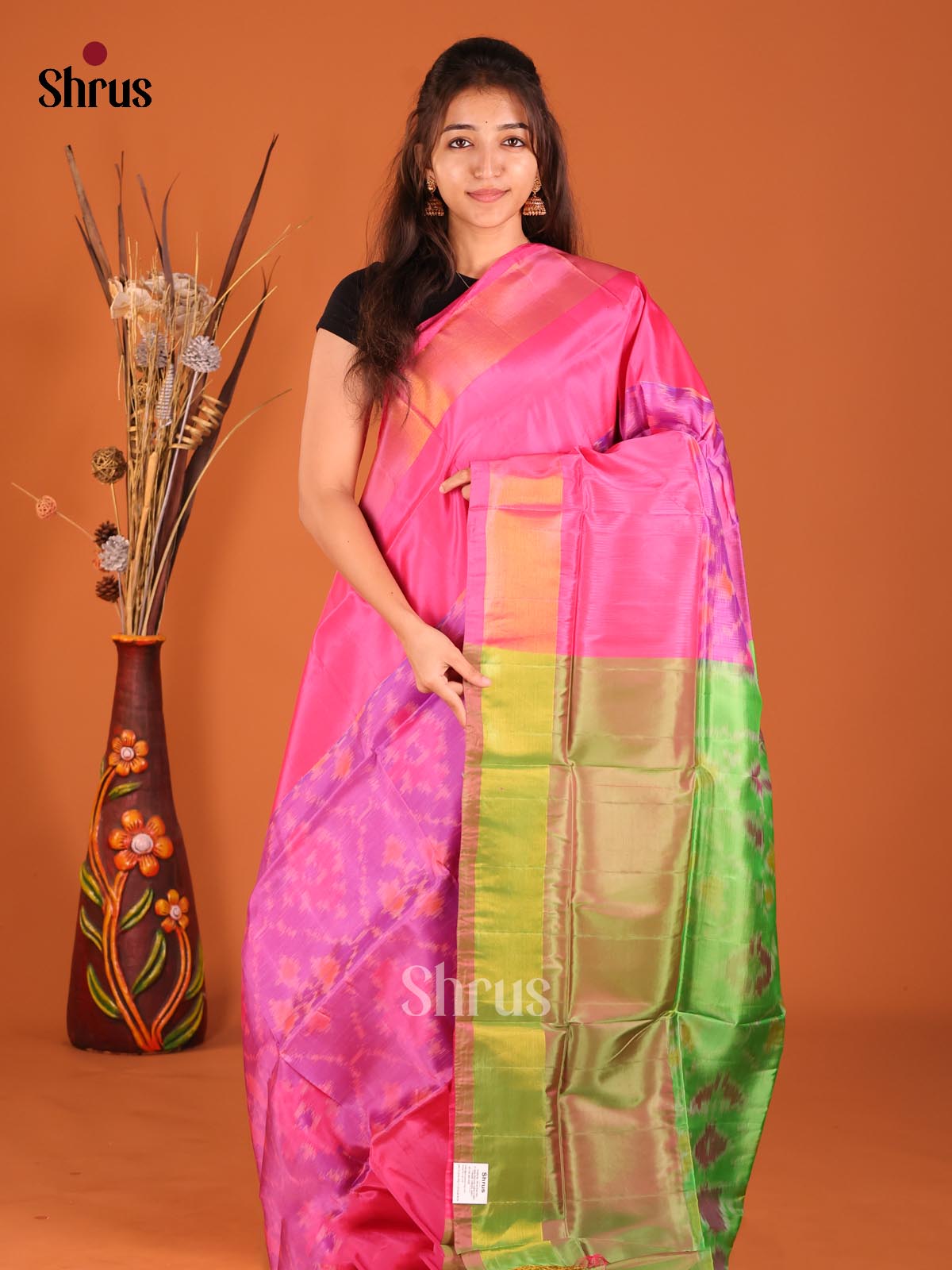 Pink & Green - Semi uppada Saree - Shop on Shrus.com