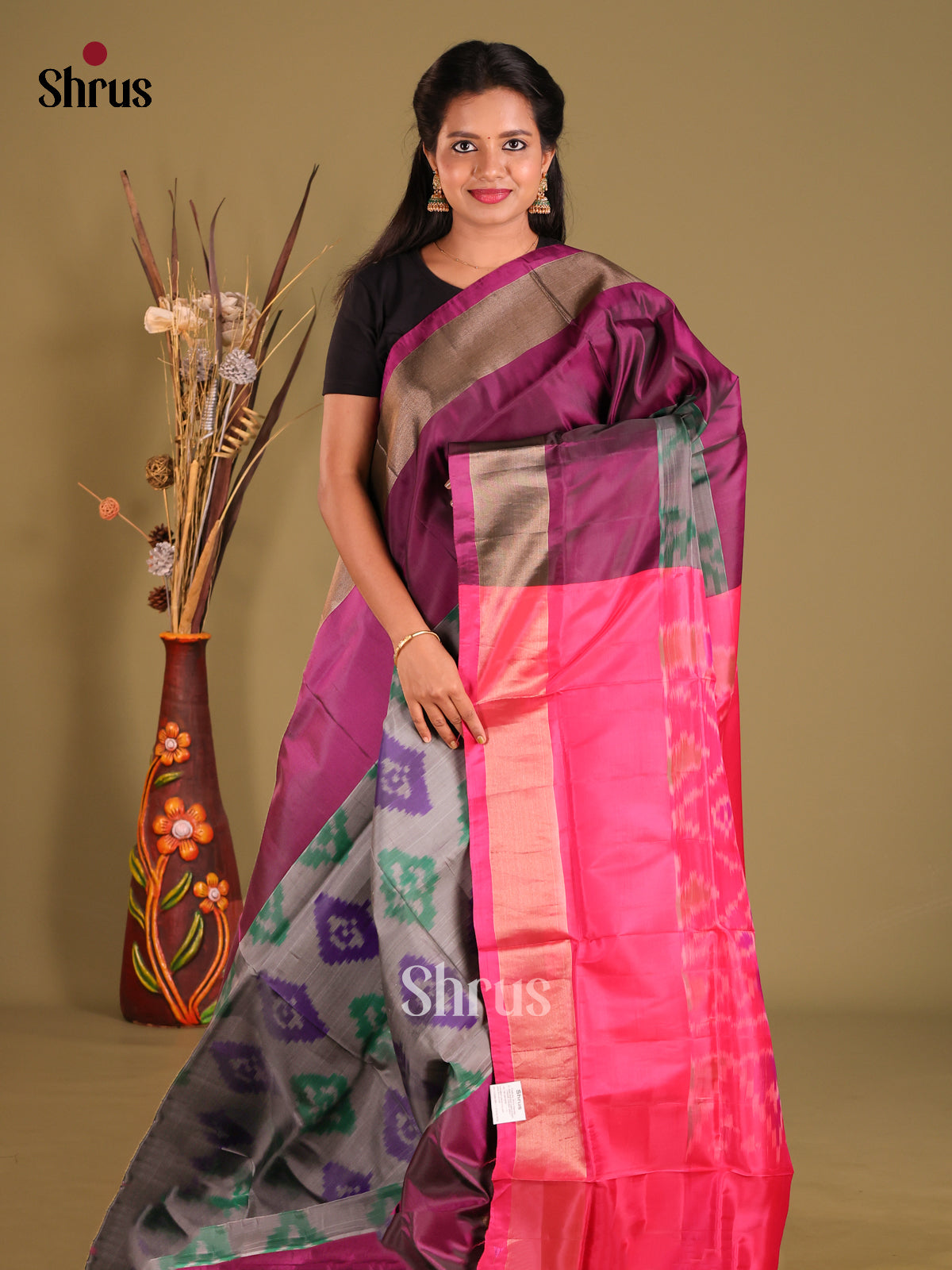Grey & Pink - Semi uppada Saree - Shop on Shrus.com