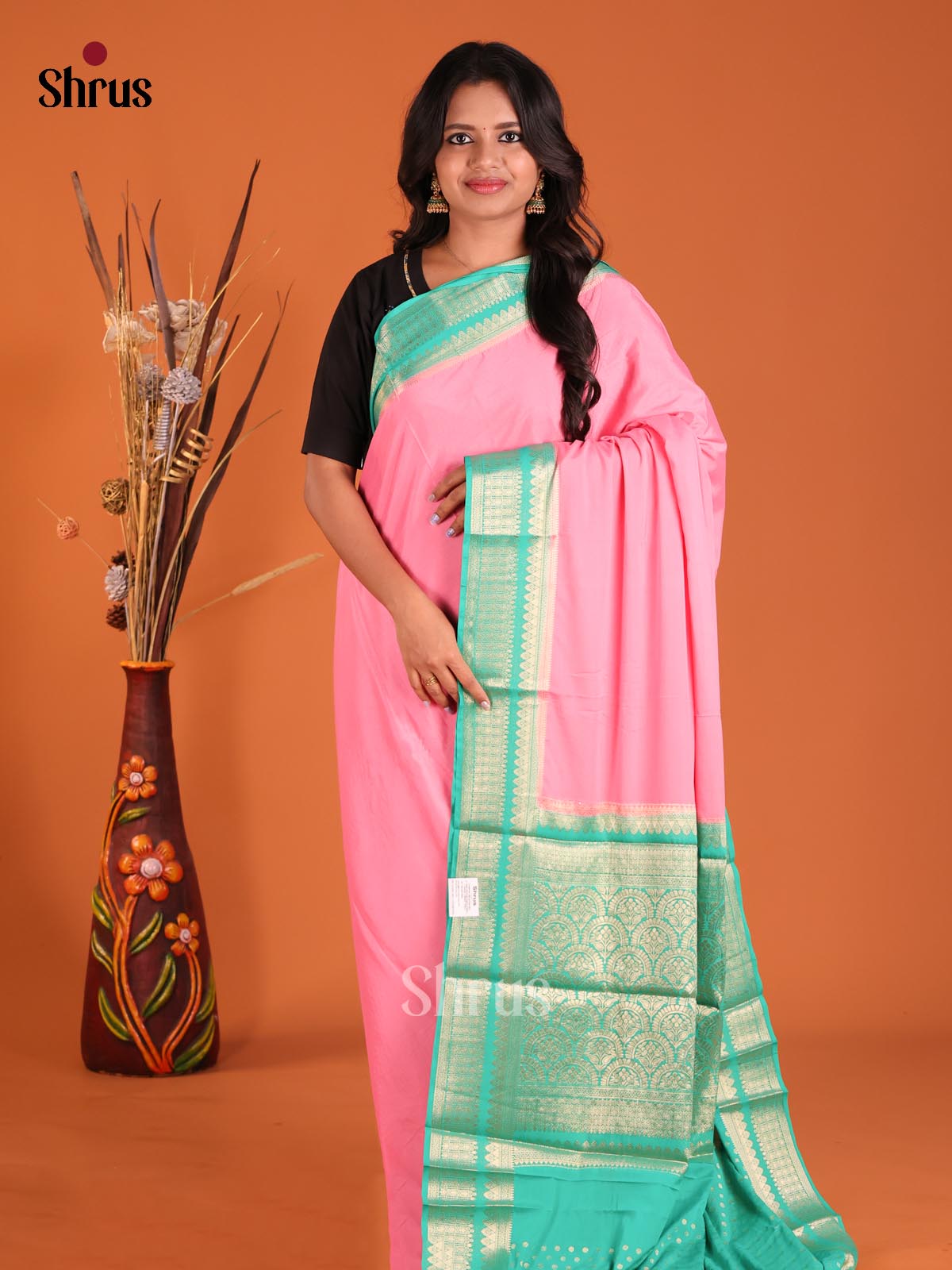 Pink & Green - Mysoresilk-halfpure Saree - Shop on Shrus.com