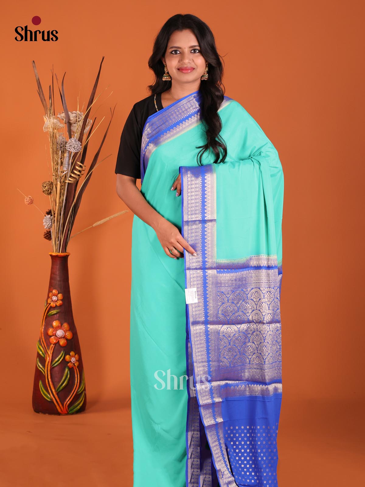 Teal  & Blue - Mysoresilk-halfpure Saree - Shop on Shrus.com