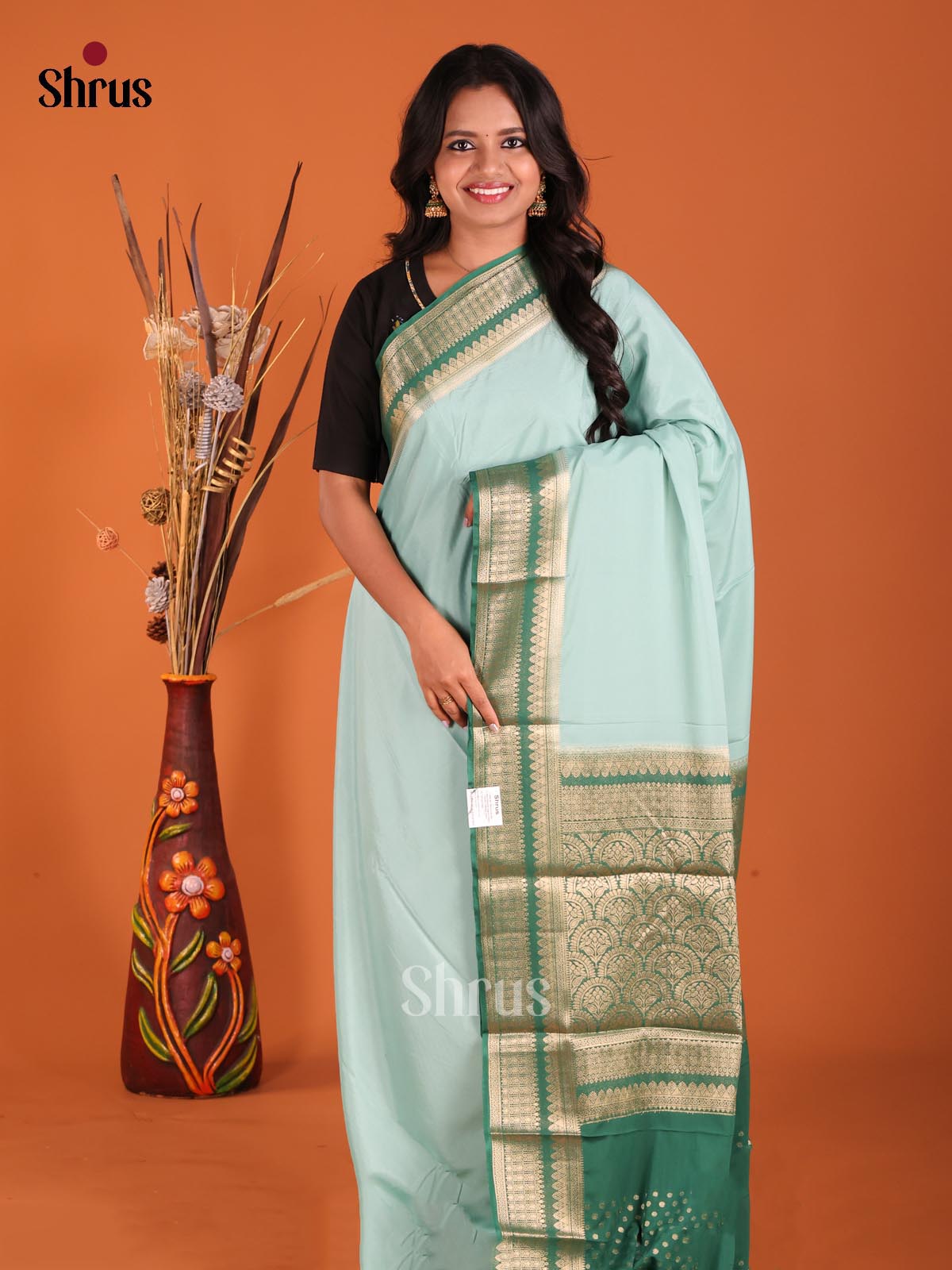 Pastel Blue & Green - Mysoresilk-halfpure Saree - Shop on Shrus.com