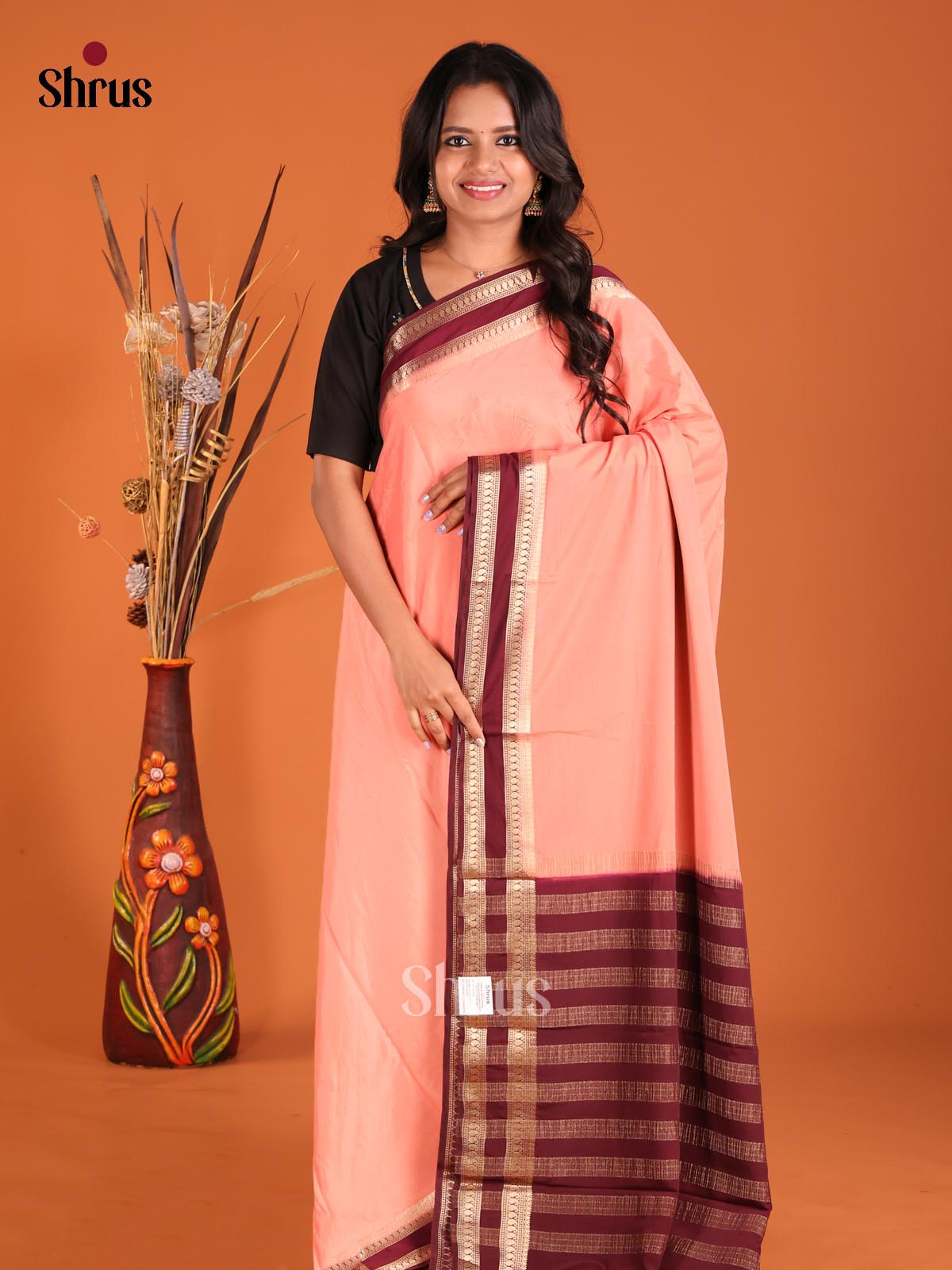 Peach & Maroon - Mysoresilk-halfpure Saree - Shop on Shrus.com