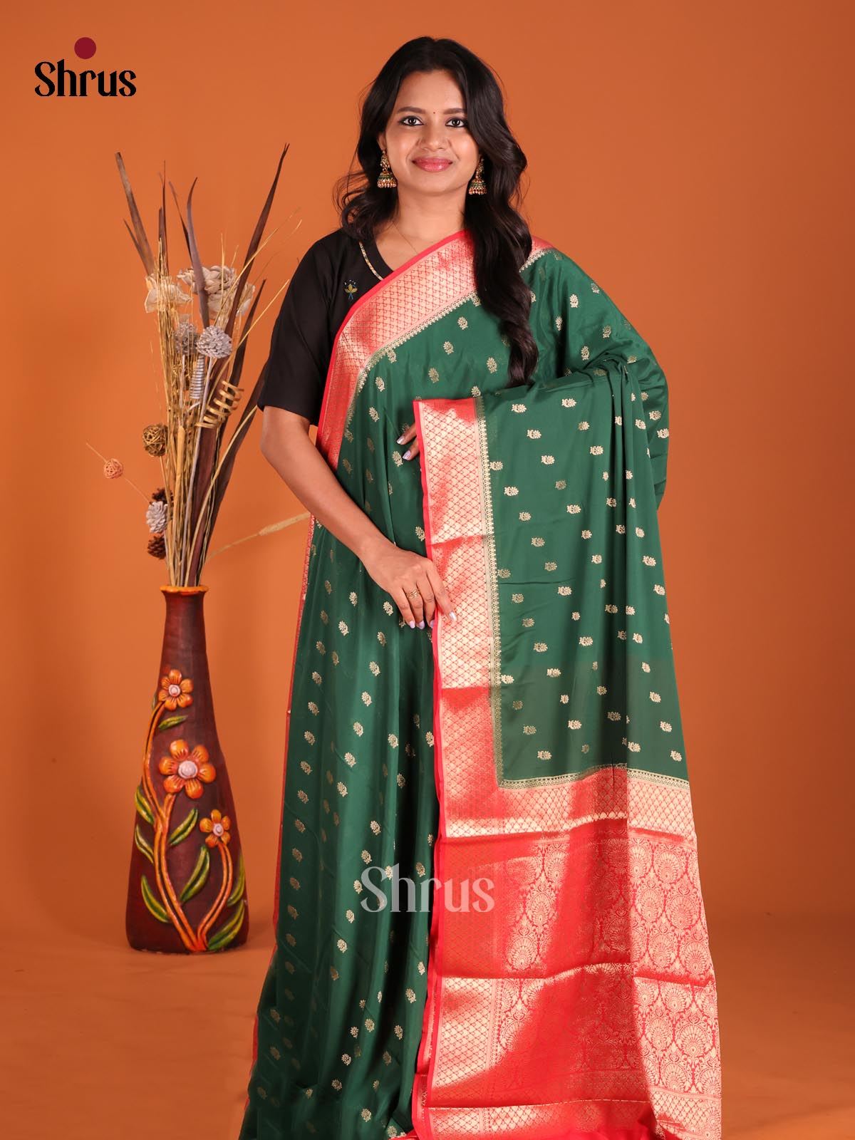 Green & Red- Mysoresilk-halfpure Saree - Shop on Shrus.com