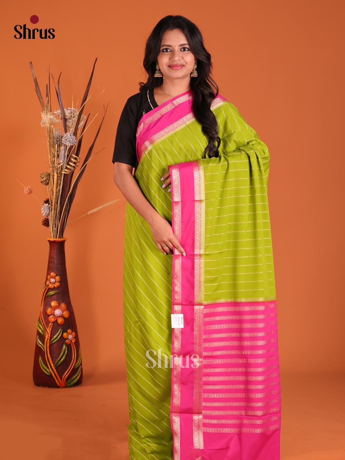 Light Green &  Pink - Mysoresilk-halfpure Saree - Shop on Shrus.com