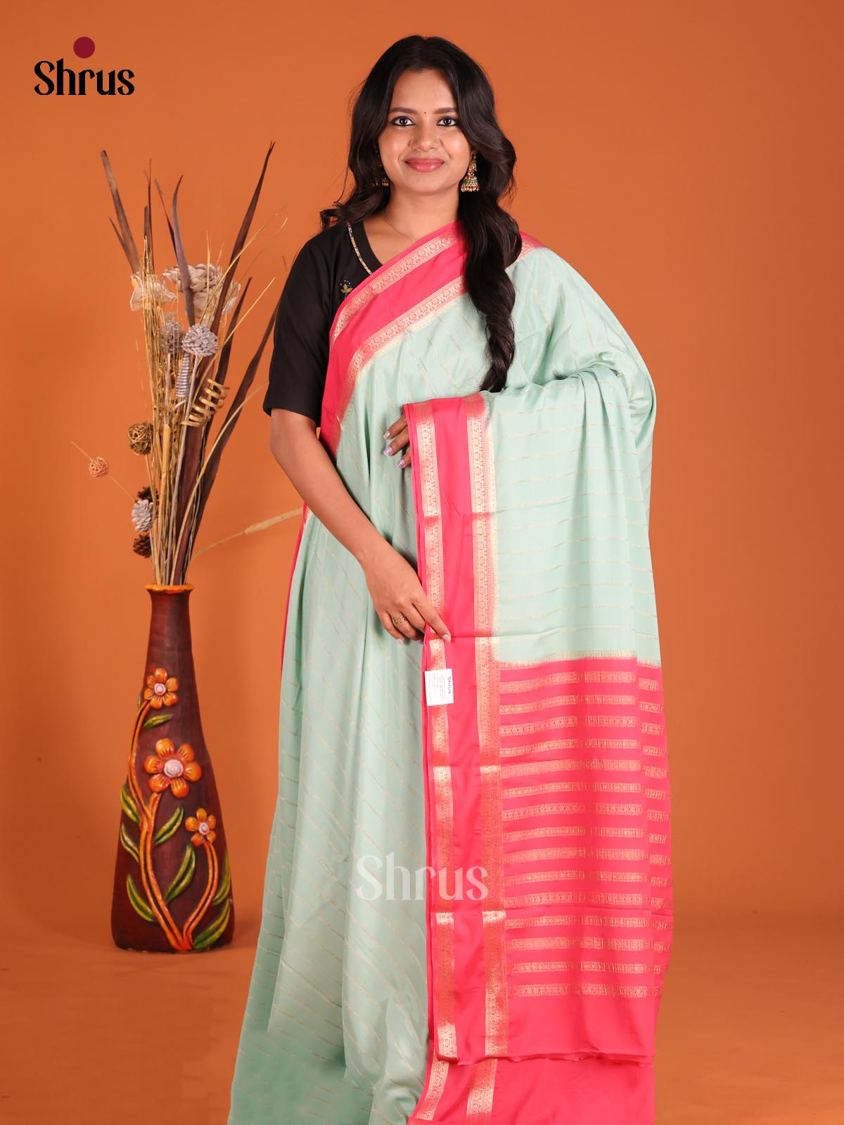 Pastel Blue & Orangish Pink - Mysoresilk-halfpure Saree - Shop on Shrus.com