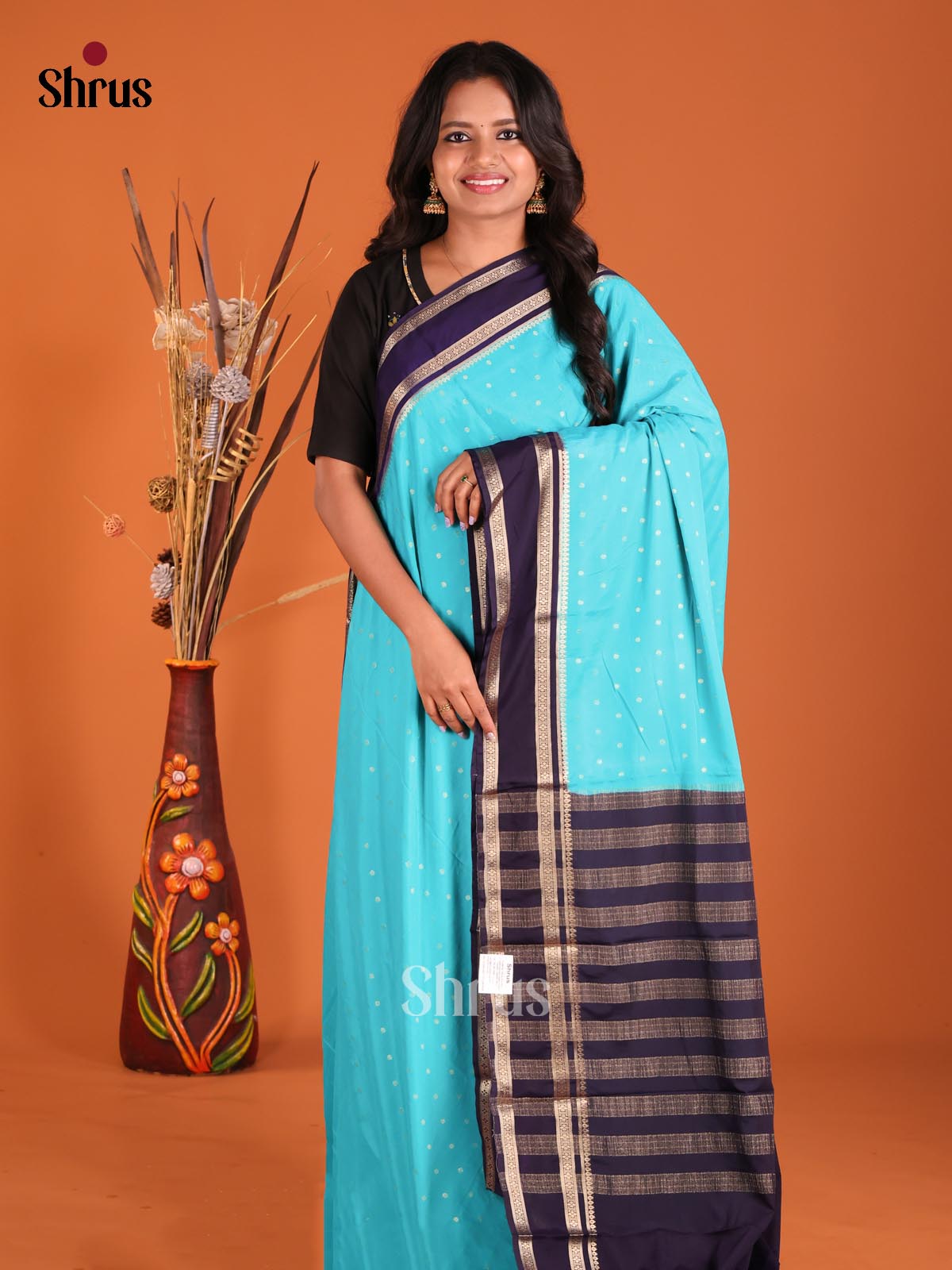 Sky Blue & Blue- Mysoresilk-halfpure Saree - Shop on Shrus.com