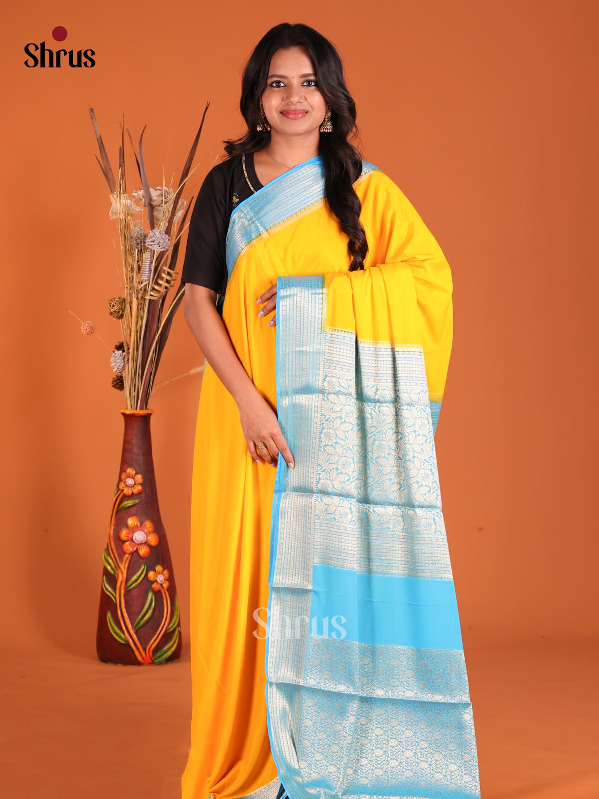 Yellow & Blue - Mysoresilk-halfpure Saree - Shop on Shrus.com