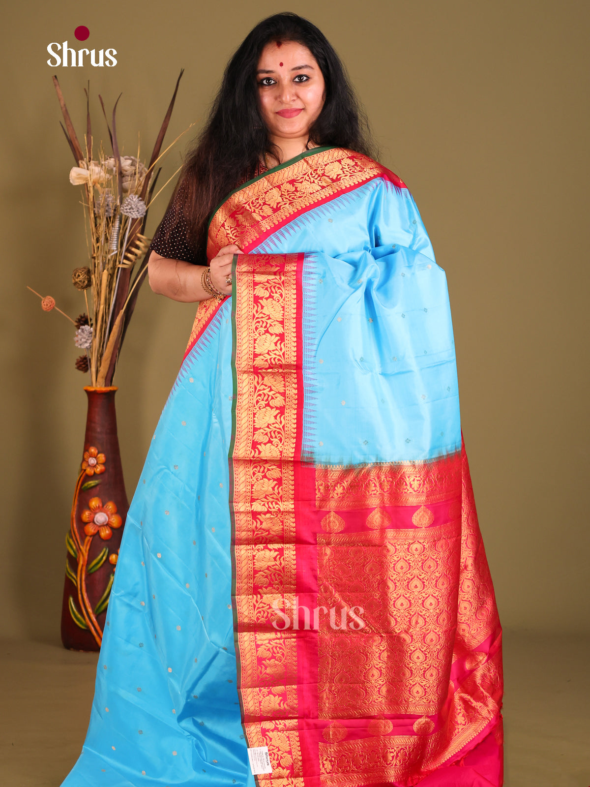 Pastel Blue & Red Gadwal silk Saree with rich zari border