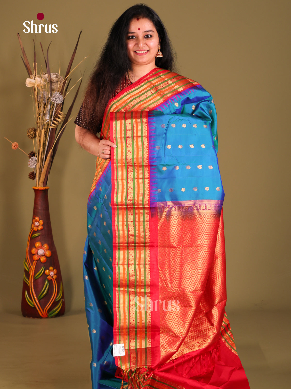 Royal Blue Gadwal Silk Saree with Gold Buttas & Red Zari Brocade Pallu