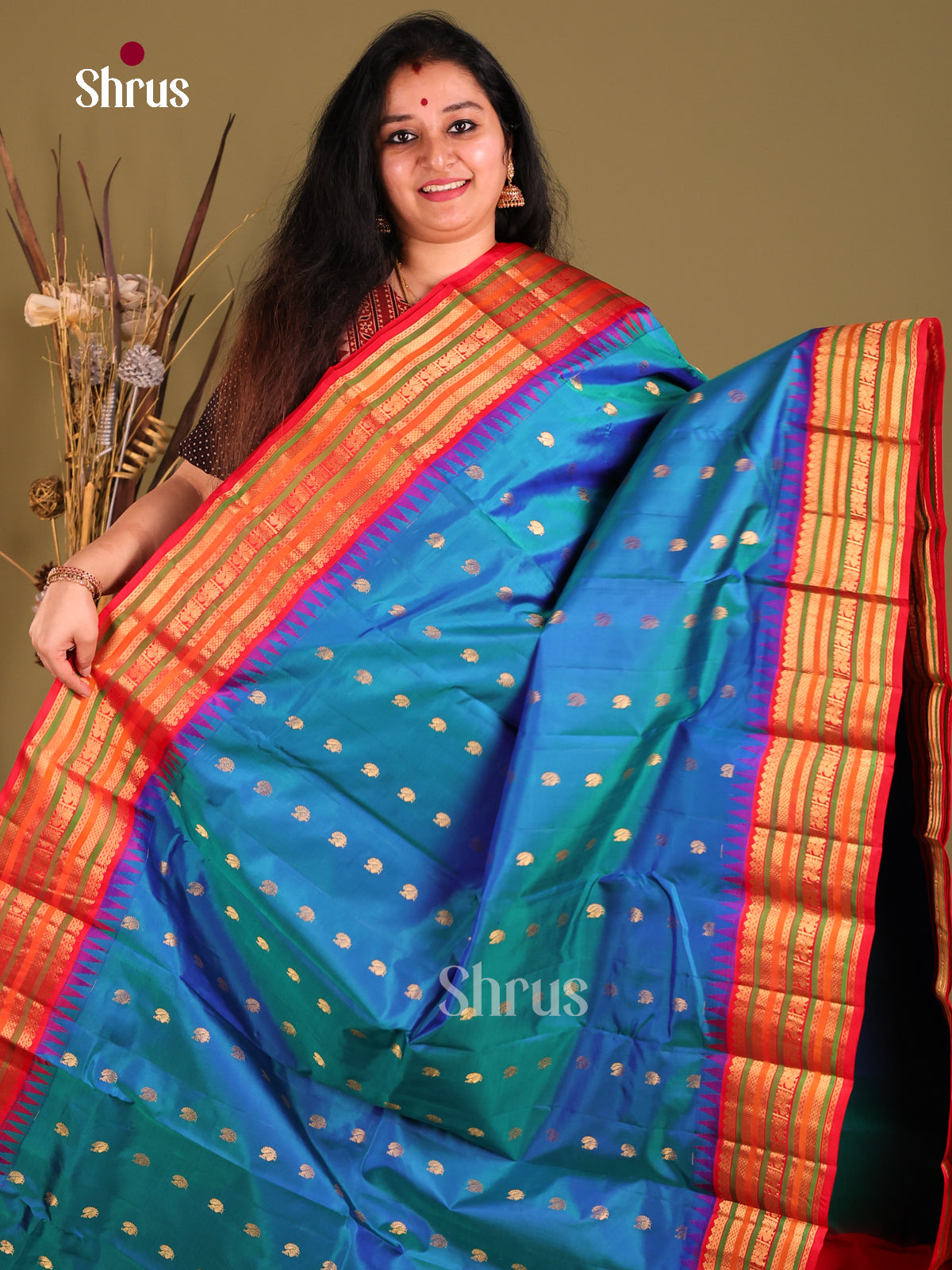 Royal Blue Gadwal Silk Saree with Gold Buttas & Red Zari Brocade Pallu-1