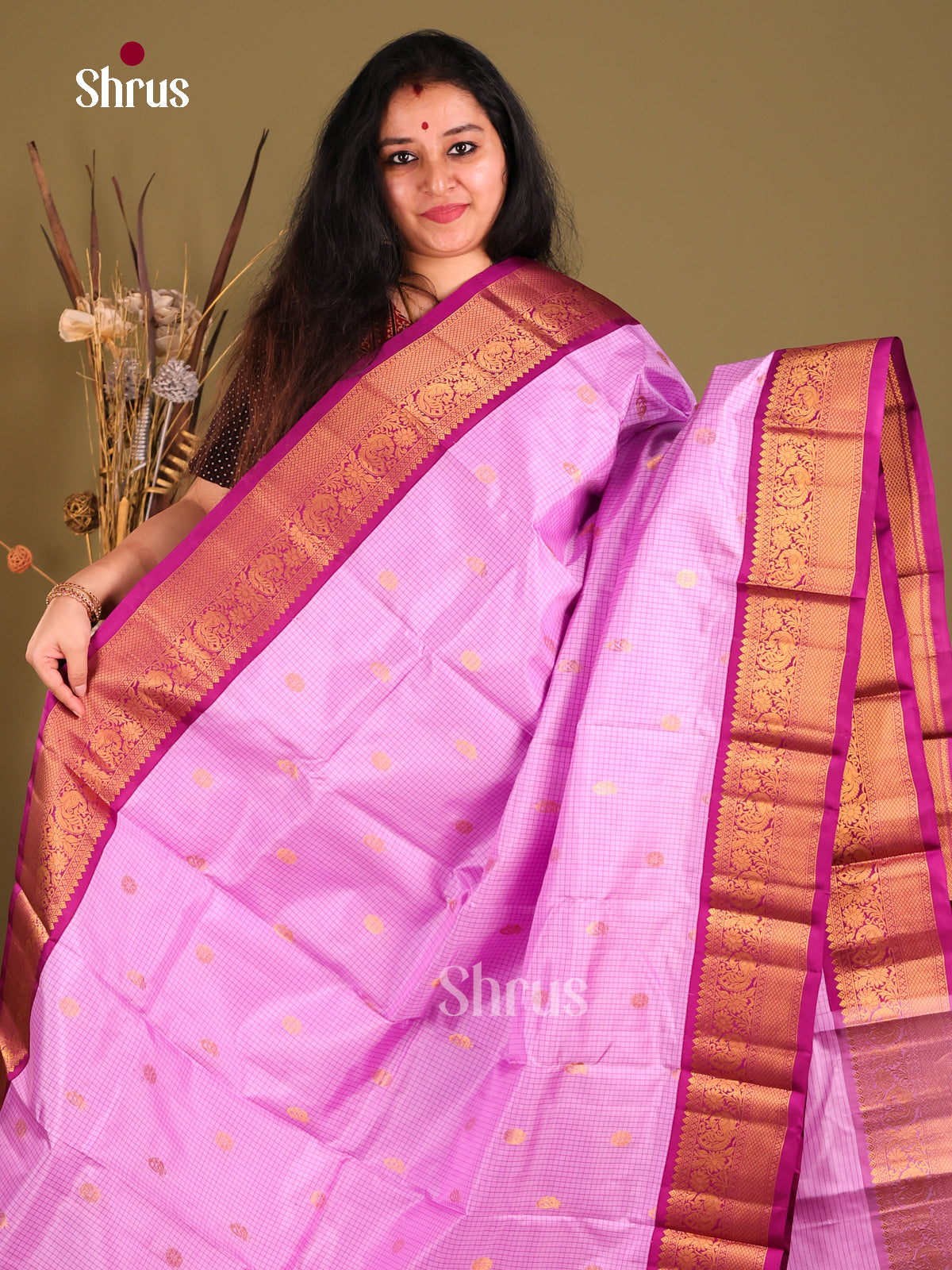 Lavender & Purple Gadwal silk Saree with checks & gold zari floral buttas-1