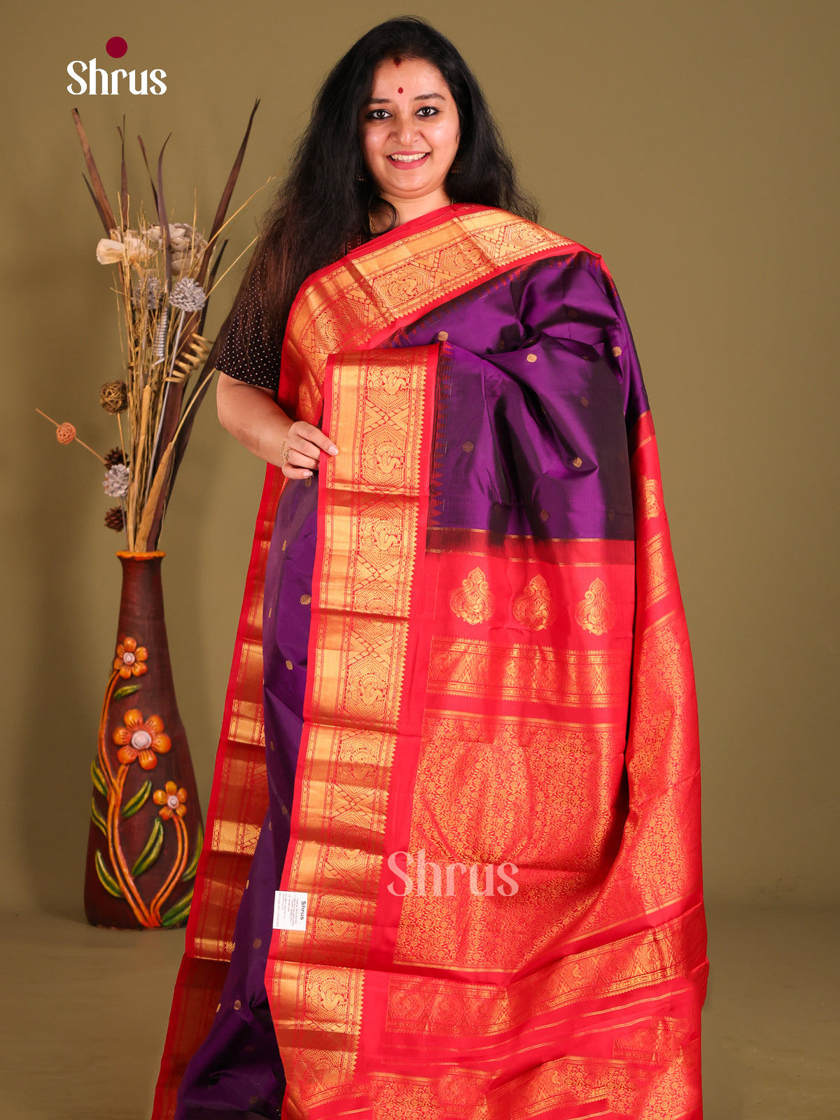 Elegant Violet Gadwal silk Saree with Zari Buttas & Red zari border