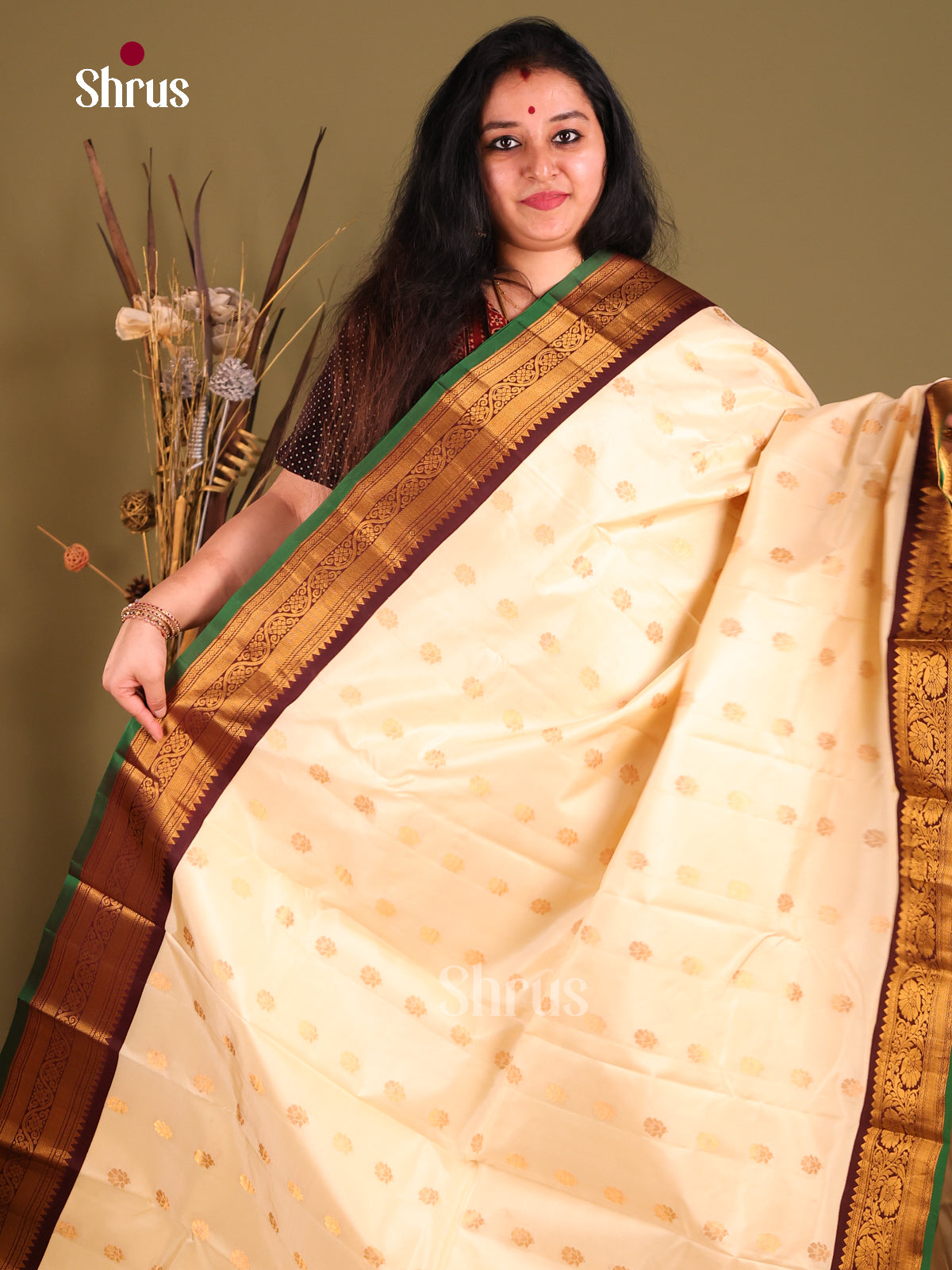 Cream & Brown Gadwal silk Saree with contrast floral vines zari border