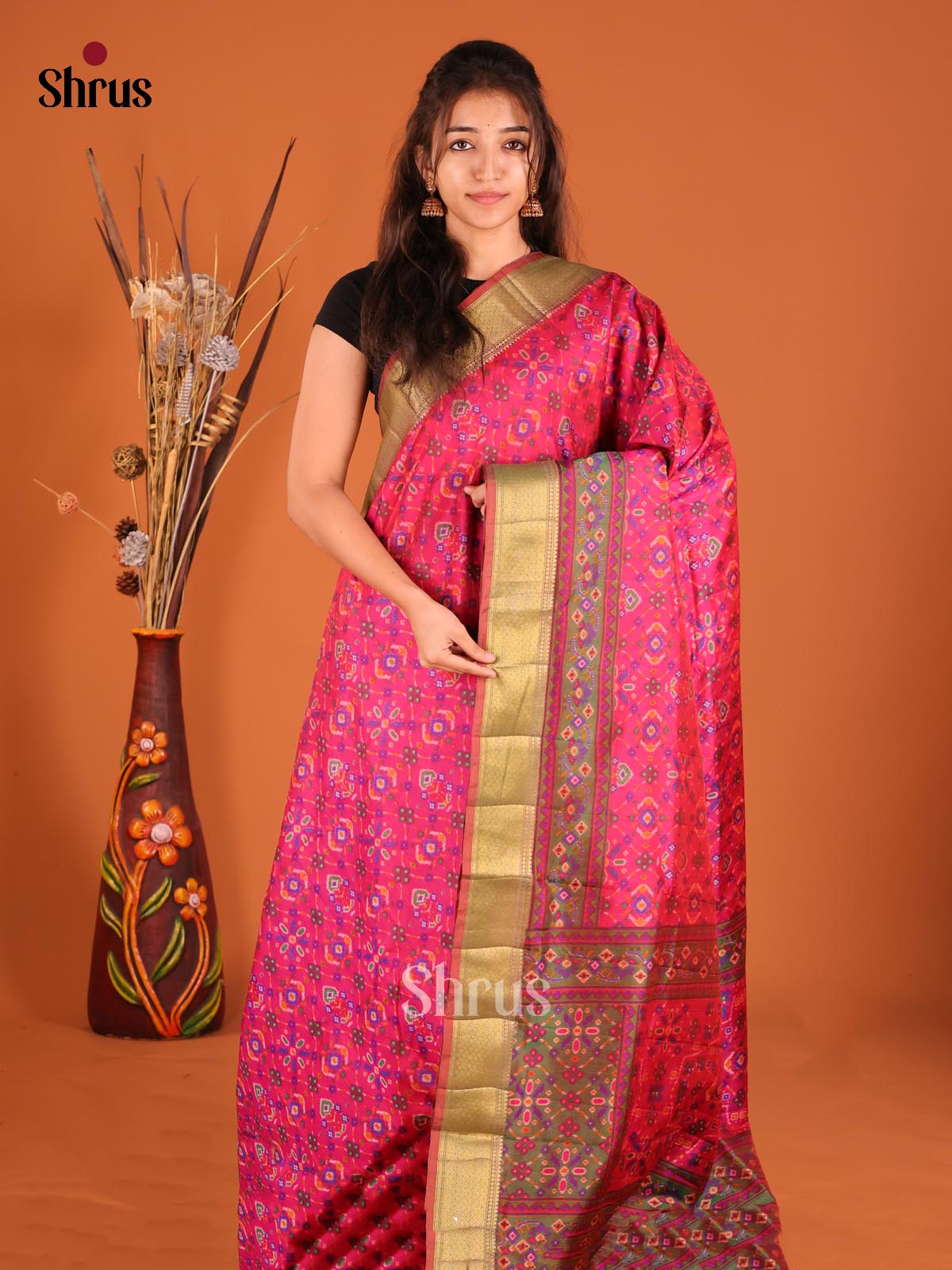 Pink & double shaded Green - Semi Patola Saree - Shop on Shrus.com
