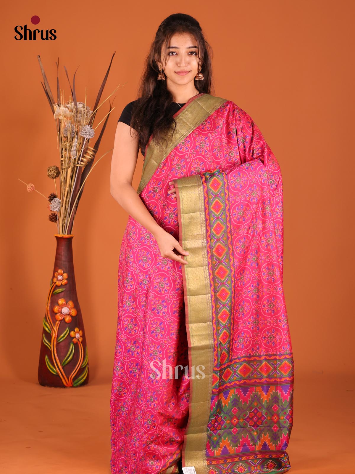 Pink & Green - Semi Patola Saree - Shop on Shrus.com