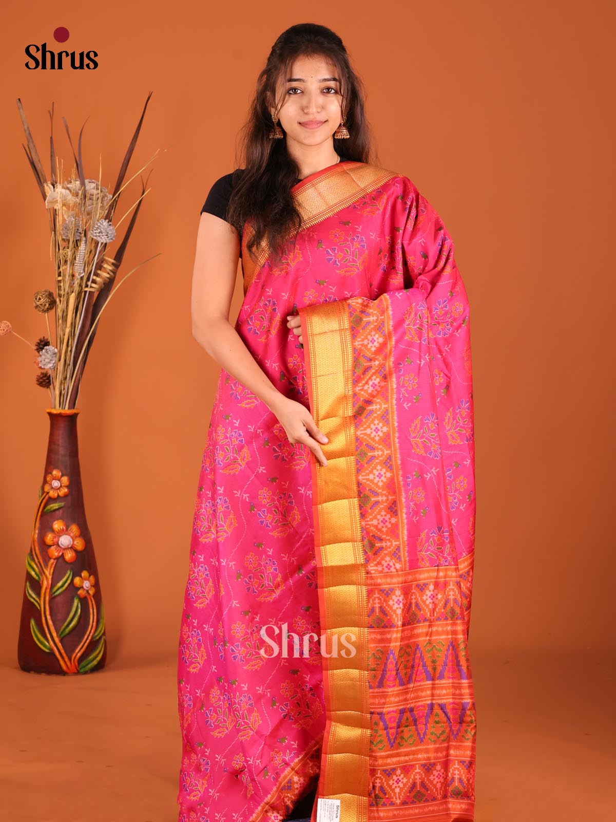 Pink & Orange - Semi Patola Saree - Shop on Shrus.com